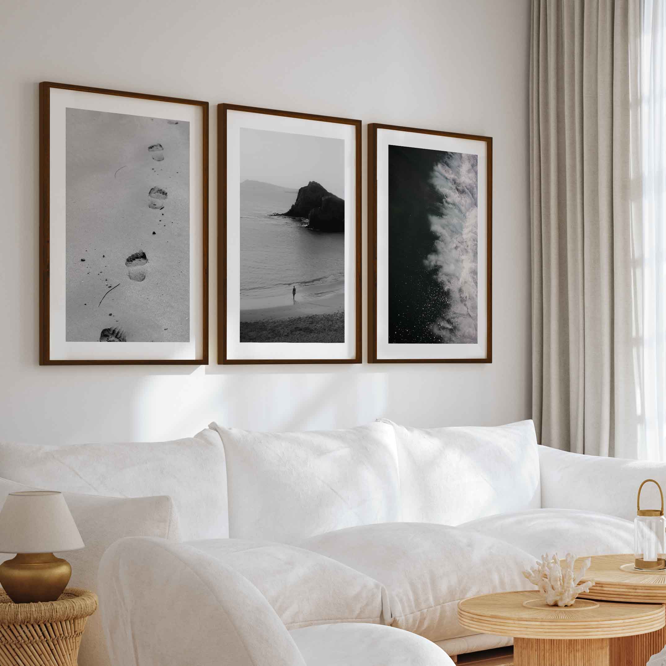 Black and White Beach Art Prints – Footsteps in Sand, Coastal Solitude, Dramatic Waves (Set of 3) - Dark Brown Framed Poster with White Border - Artworksets