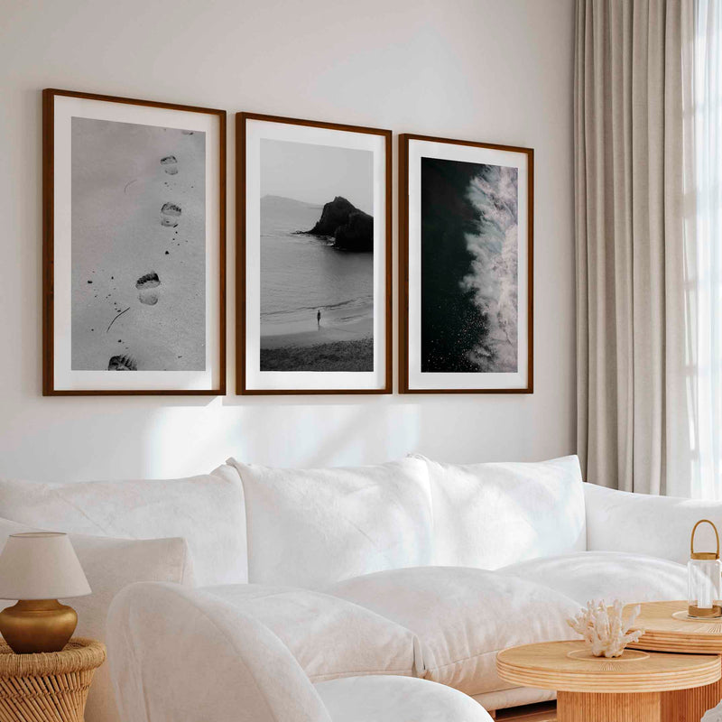 Black and White Beach Art Prints – Footsteps in Sand, Coastal Solitude, Dramatic Waves (Set of 3) - Dark Brown Framed Poster with White Border - Artworksets