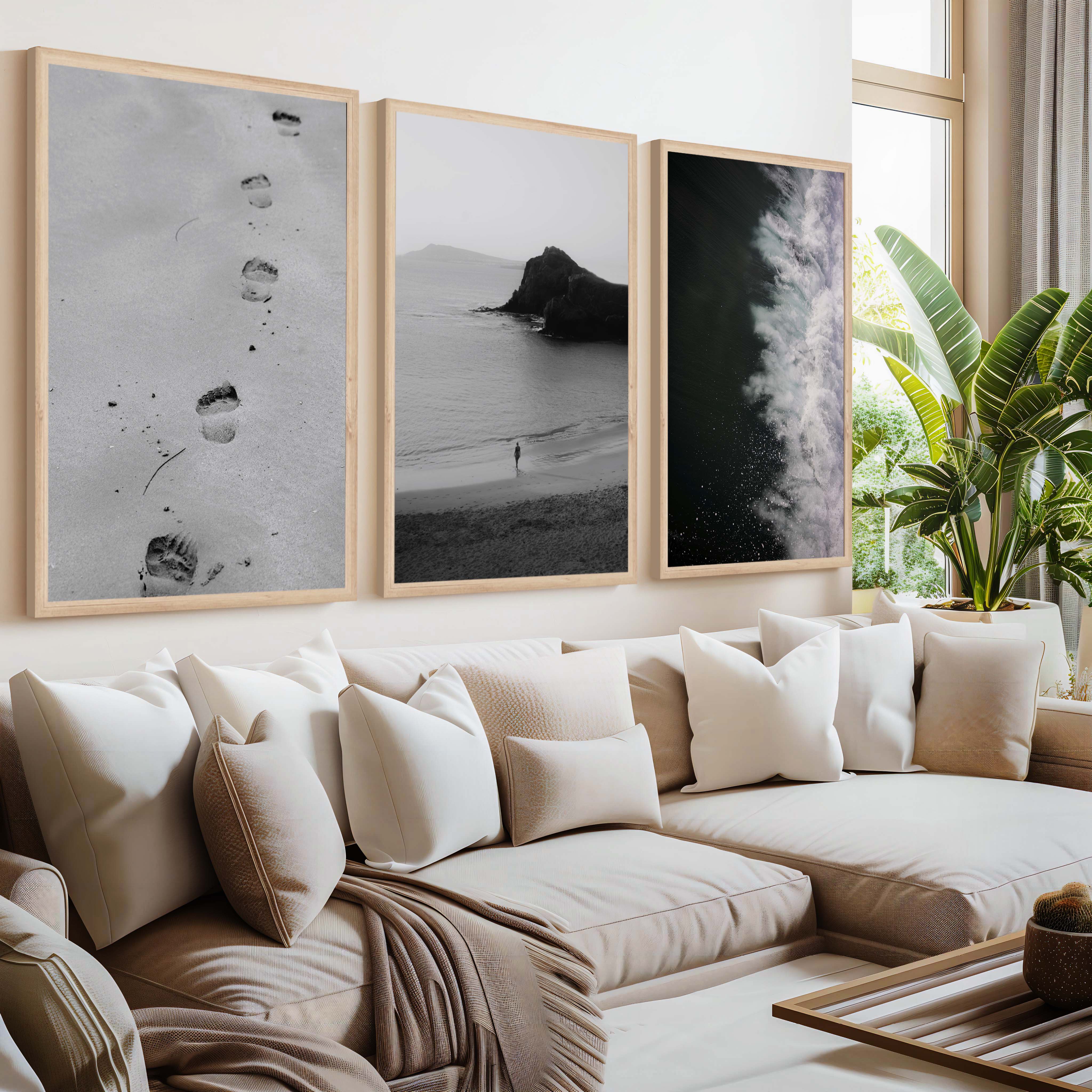 Black and White Beach Art Prints – Footsteps in Sand, Coastal Solitude, Dramatic Waves (Set of 3) - Natural Wood Framed Poster No Border - Artworksets