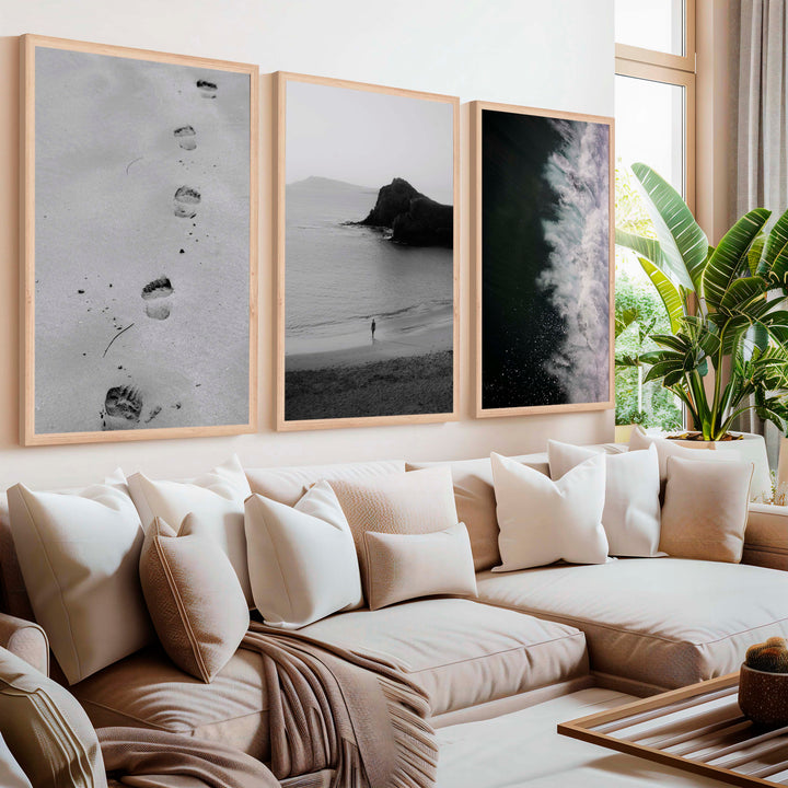 Black and White Beach Art Prints – Footsteps in Sand, Coastal Solitude, Dramatic Waves (Set of 3) - Natural Wood Framed Poster No Border - Artworksets