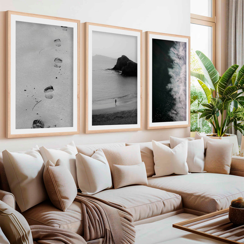 Black and White Beach Art Prints – Footsteps in Sand, Coastal Solitude, Dramatic Waves (Set of 3)- Natural Wood Framed Poster with White Border - Artworksets