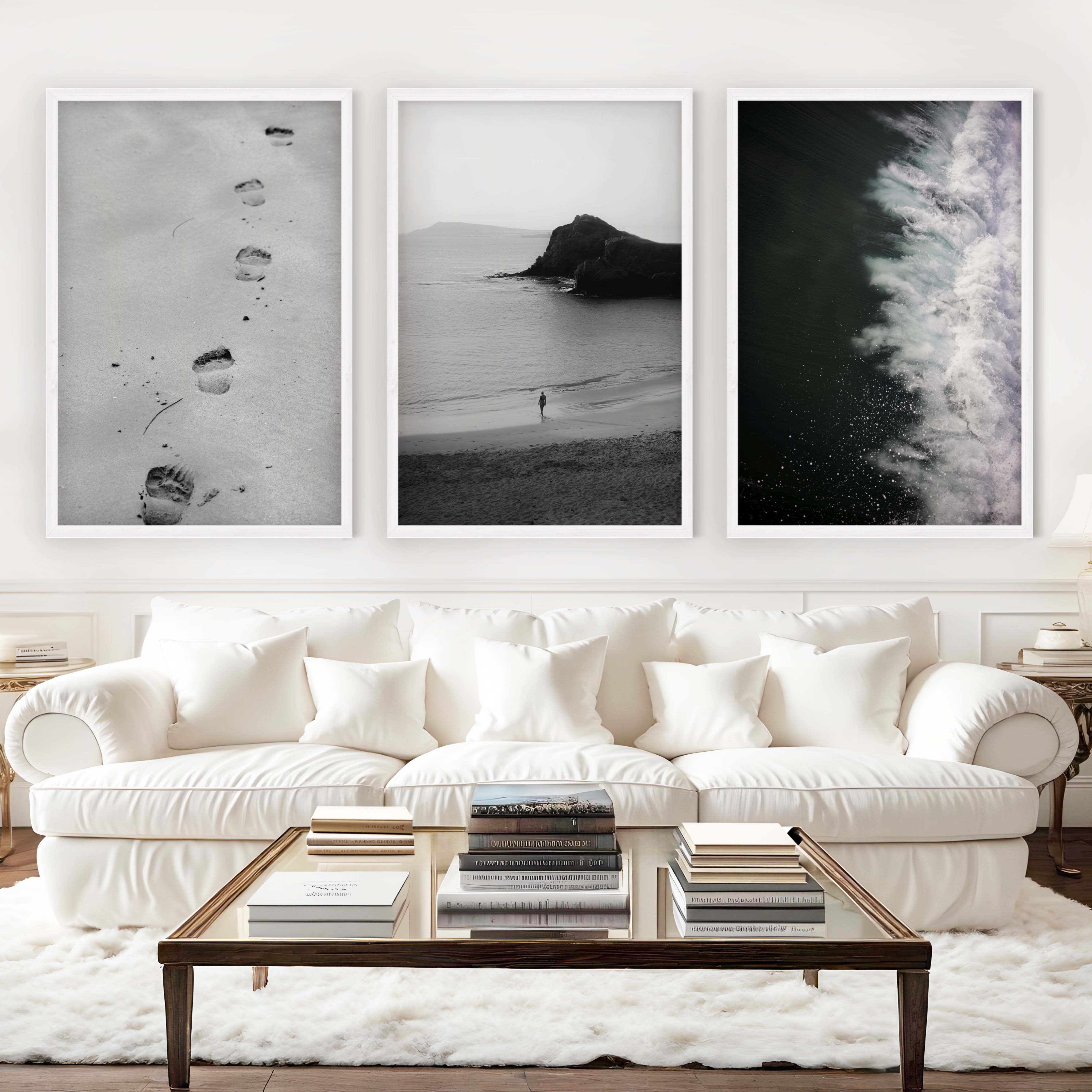 Black and White Beach Art Prints – Footsteps in Sand, Coastal Solitude, Dramatic Waves (Set of 3) - White Framed Poster No Border - Artworksets
