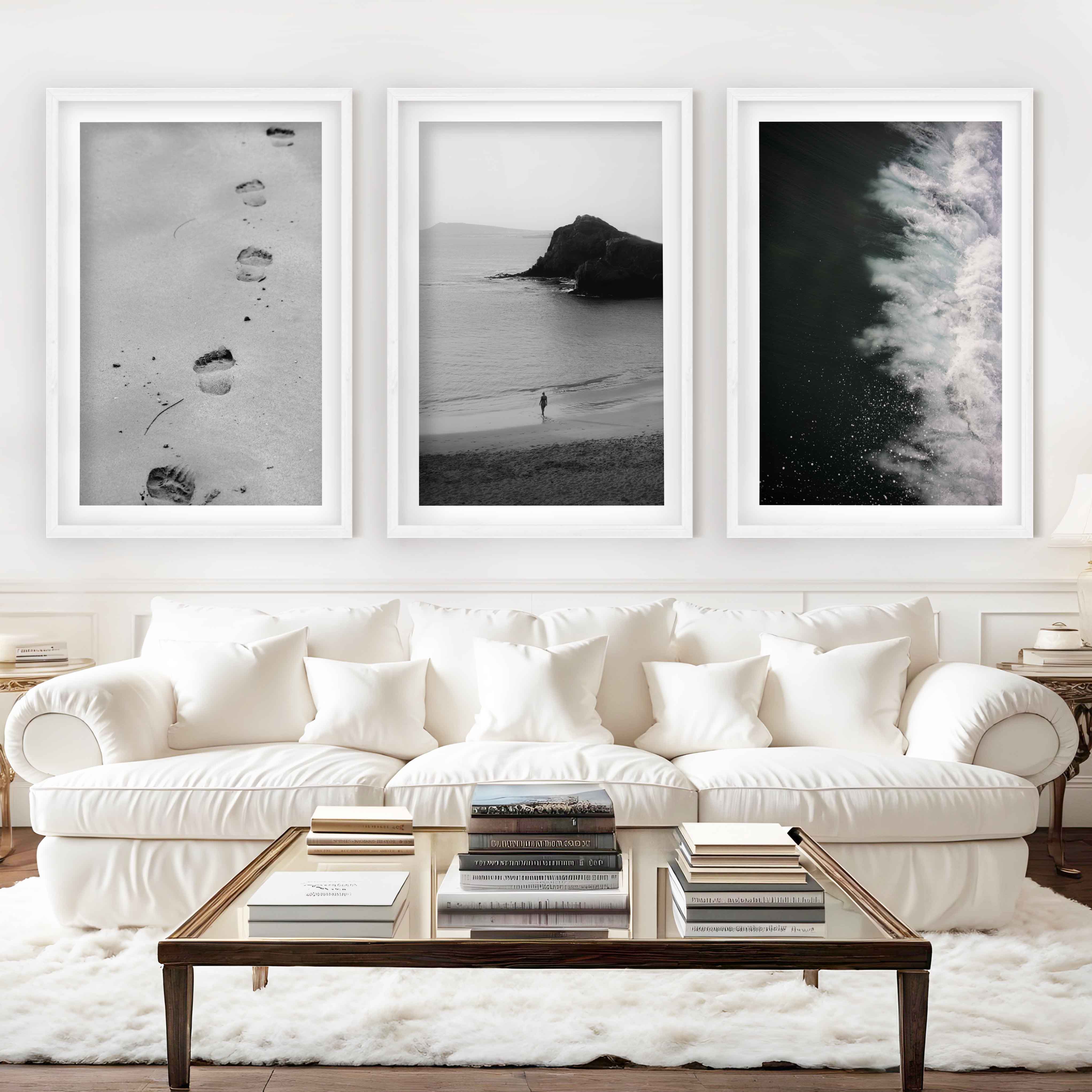 Black and White Beach Art Prints – Footsteps in Sand, Coastal Solitude, Dramatic Waves (Set of 3) - White Framed Poster with White Border - Artworksets
