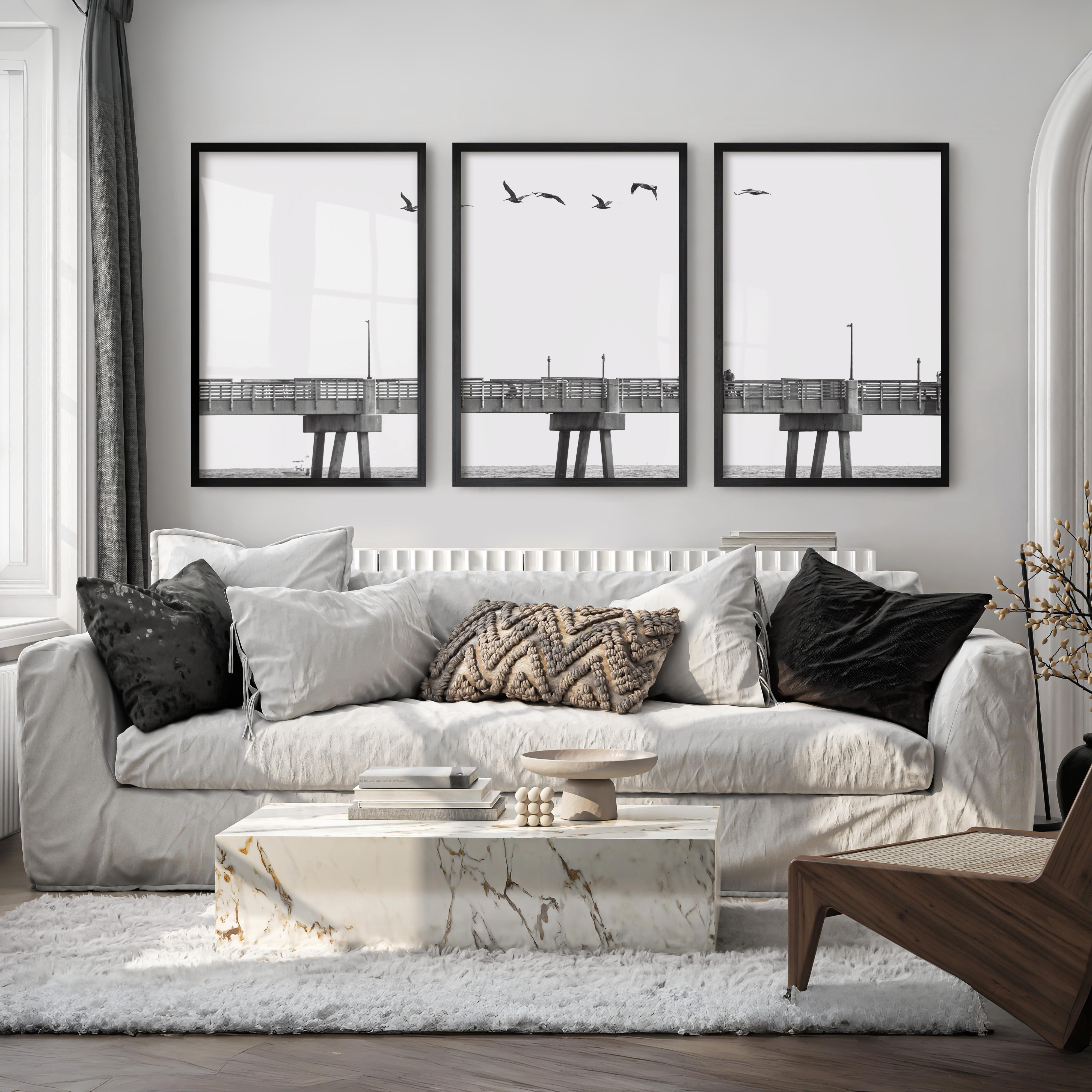Pier Birds black and white coastal art - Black Framed Poster No Border - Artworksets