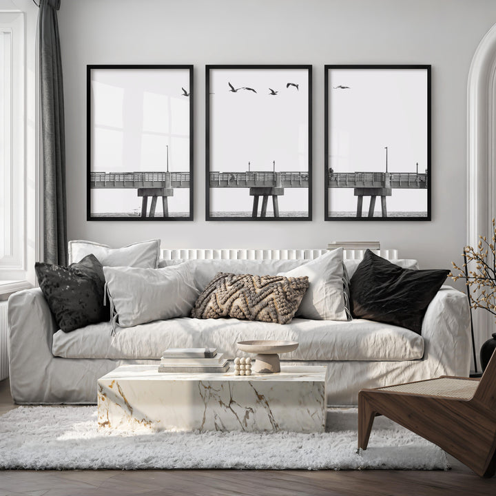 Pier Birds black and white coastal art - Black Framed Poster No Border - Artworksets