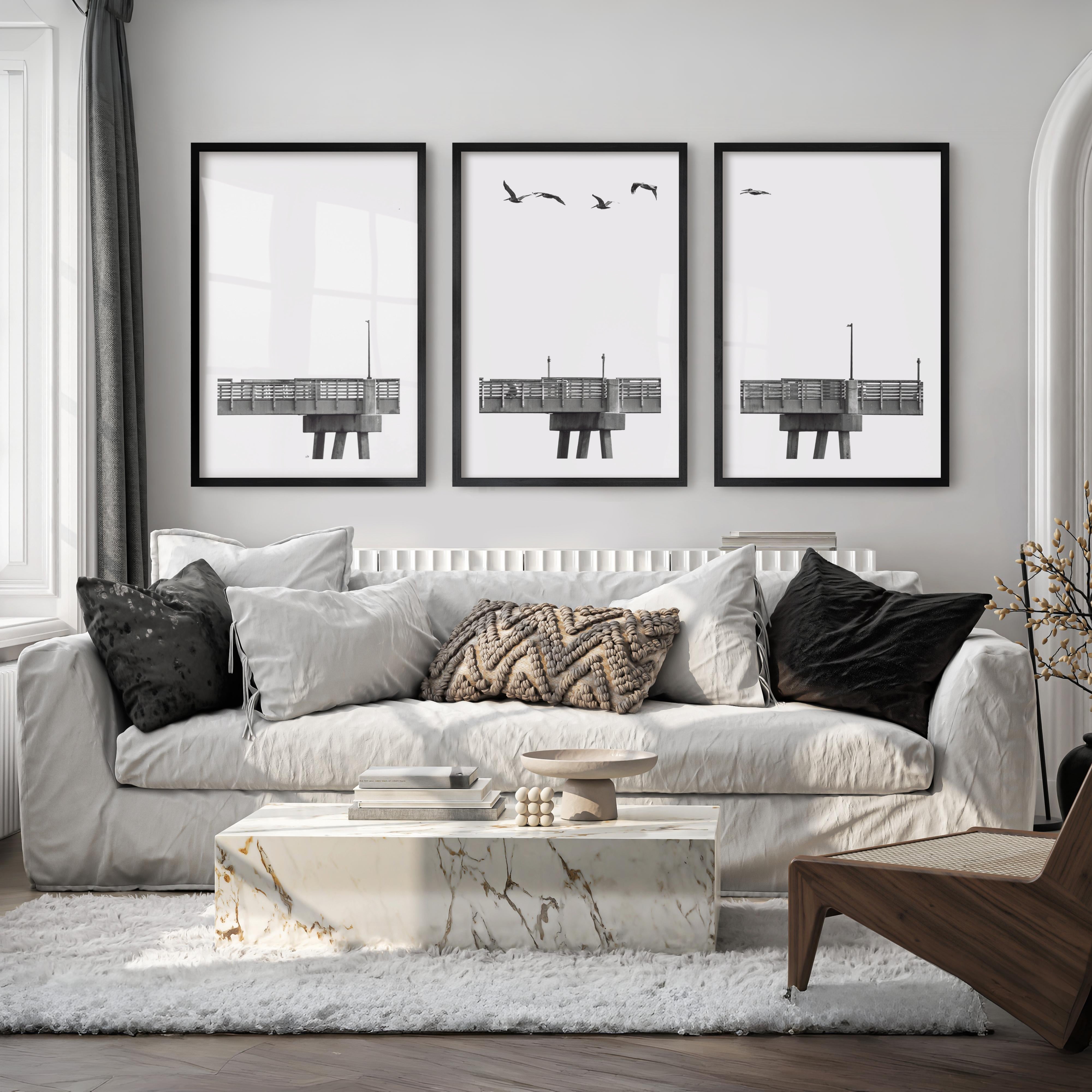 Pier Birds black and white coastal art - Black Framed Poster with White Border - Artworksets