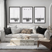 Pier Birds black and white coastal art - Black Framed Poster with White Border - Artworksets