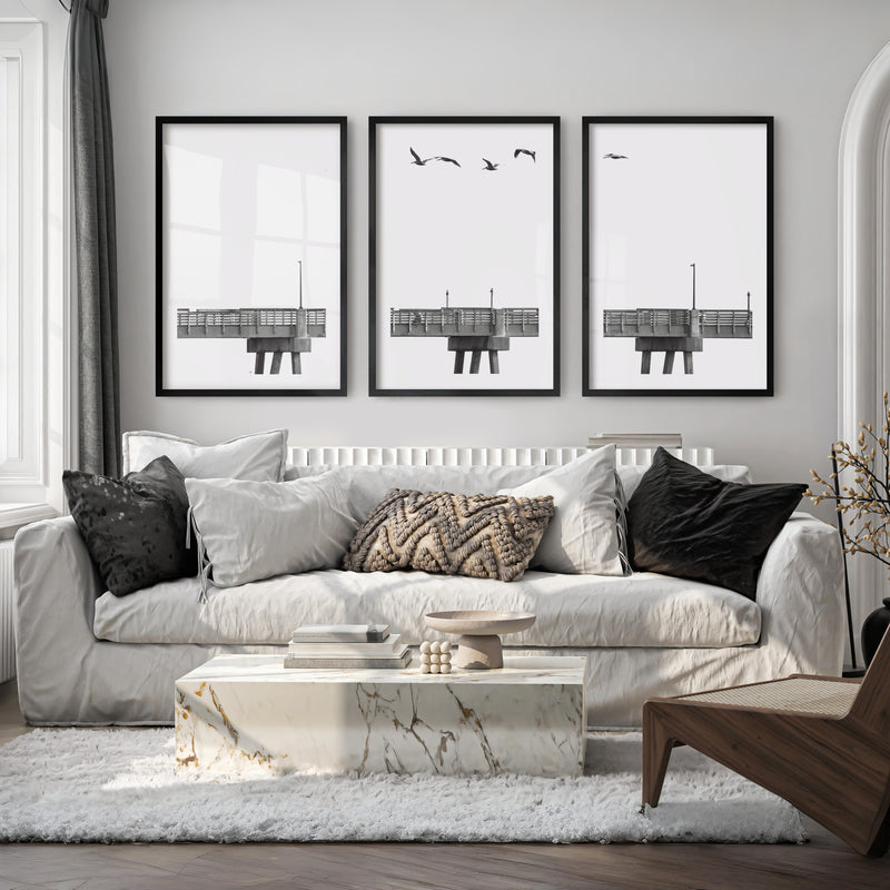 Pier Birds black and white coastal art - Black Framed Poster with White Border - Artworksets