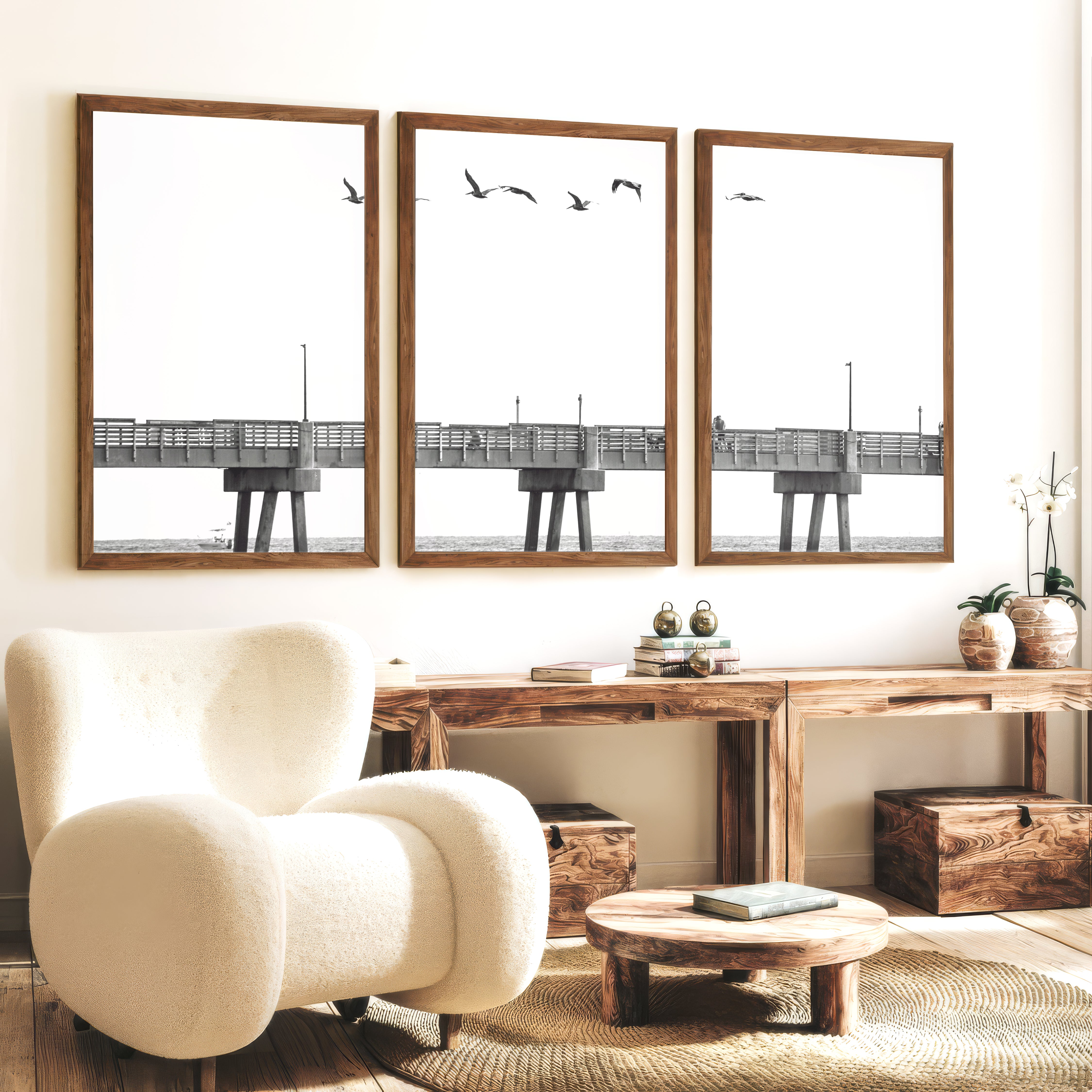 Pier Birds black and white coastal art - Dark Brown Framed Poster No Border - Artworksets