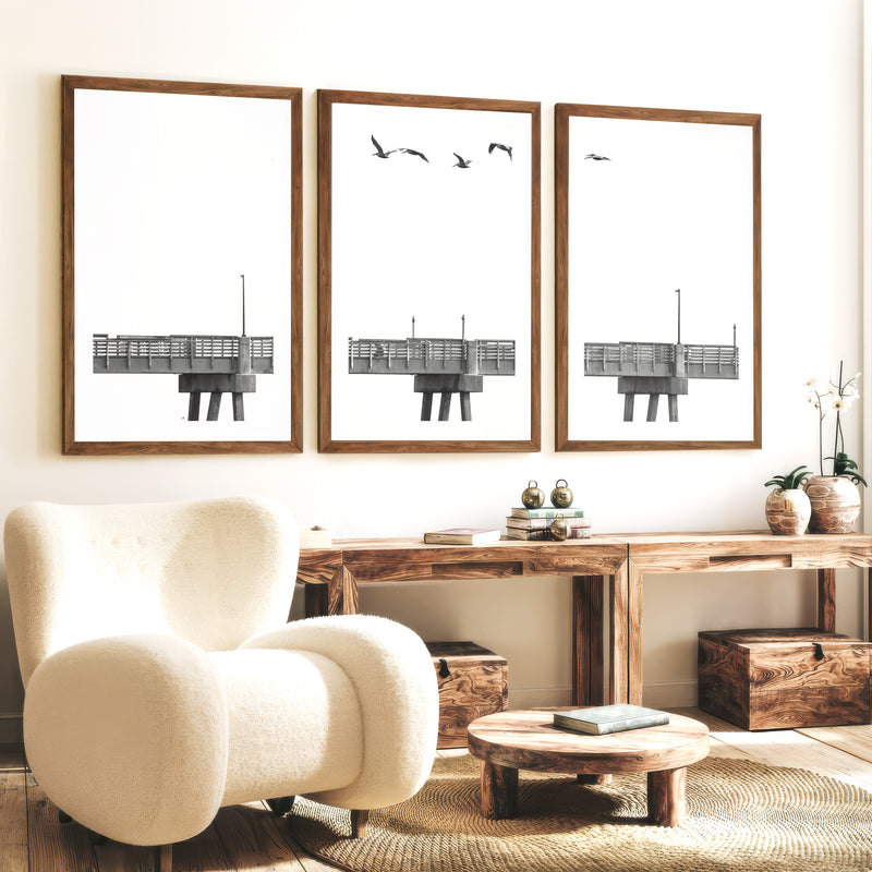 Pier Birds black and white coastal art - Dark Brown Framed Poster with White Border - Artworksets