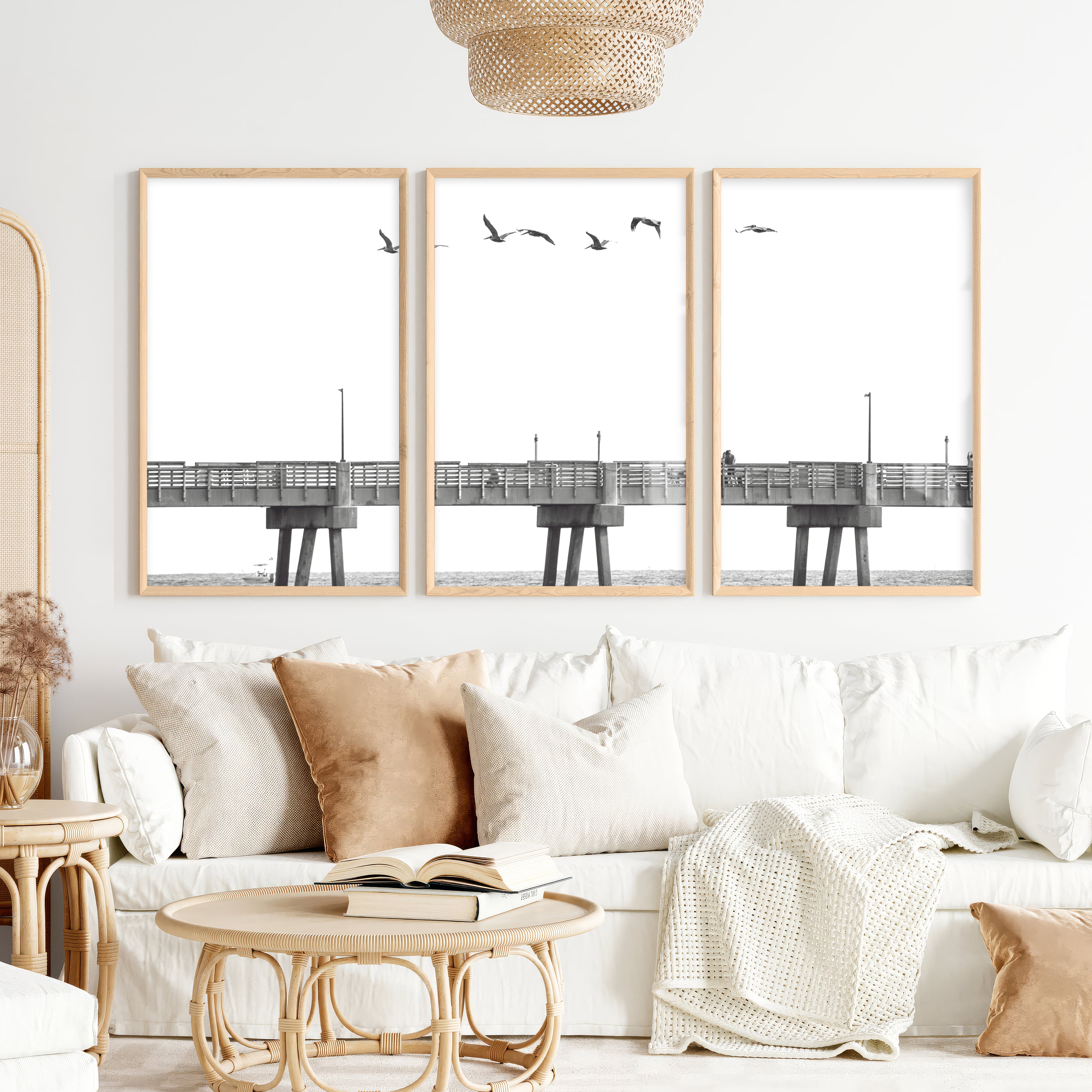Pier Birds black and white coastal art - Natural Wood Framed Poster No Border - Artworksets