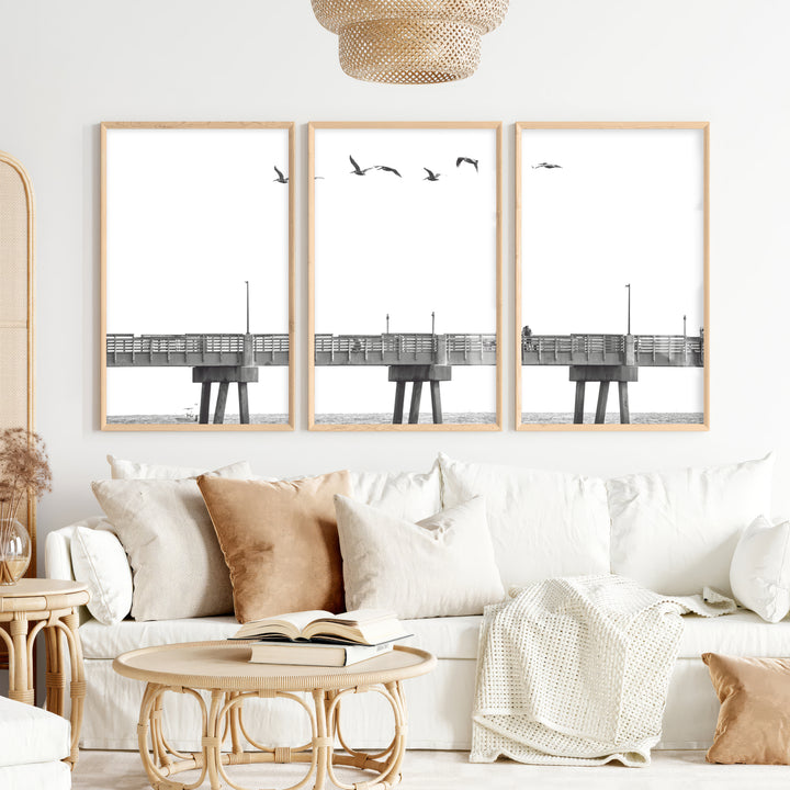 Pier Birds black and white coastal art - Natural Wood Framed Poster No Border - Artworksets