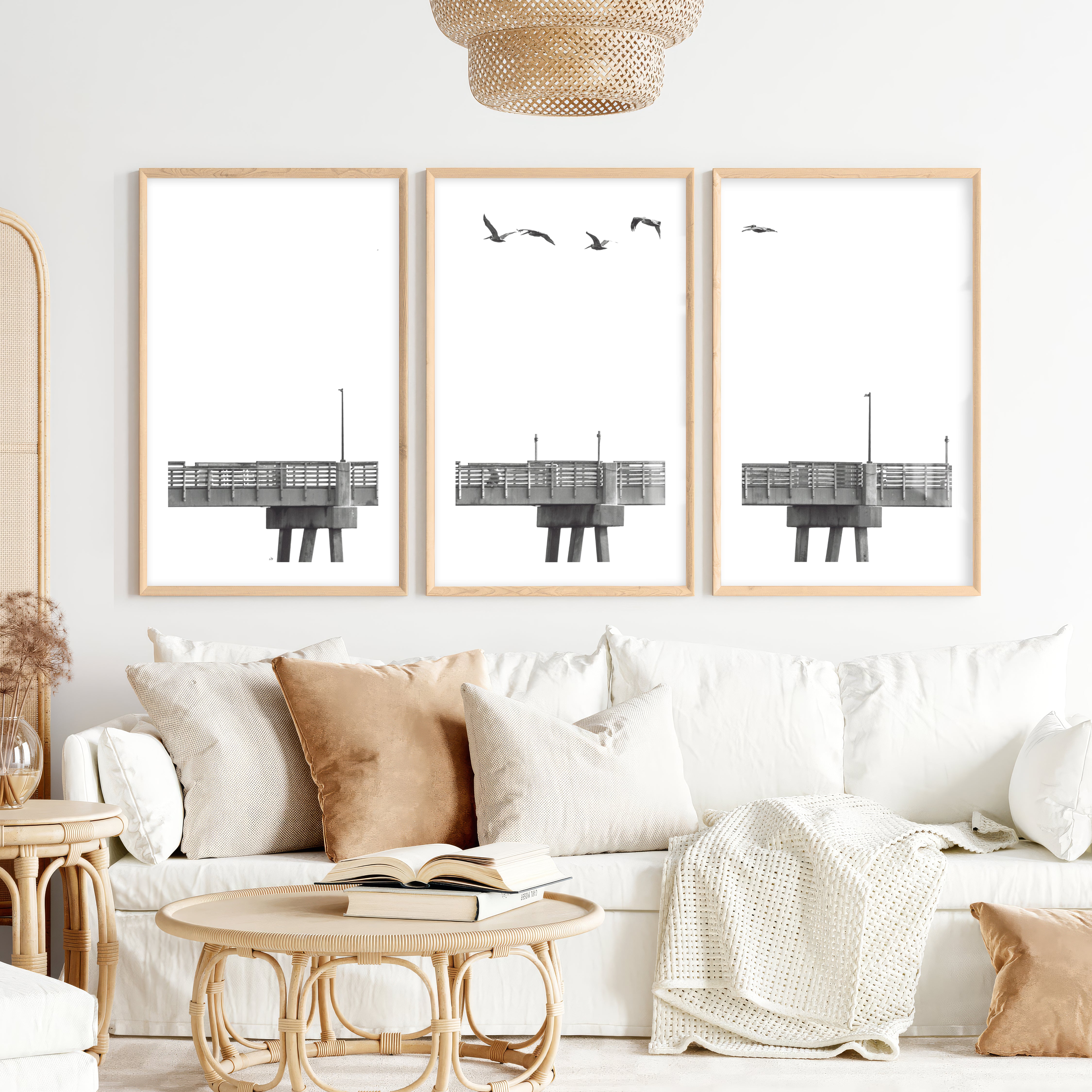 Pier Birds black and white coastal art- Natural Wood Framed Poster with White Border - Artworksets