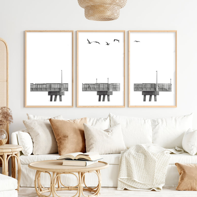 Pier Birds black and white coastal art- Natural Wood Framed Poster with White Border - Artworksets