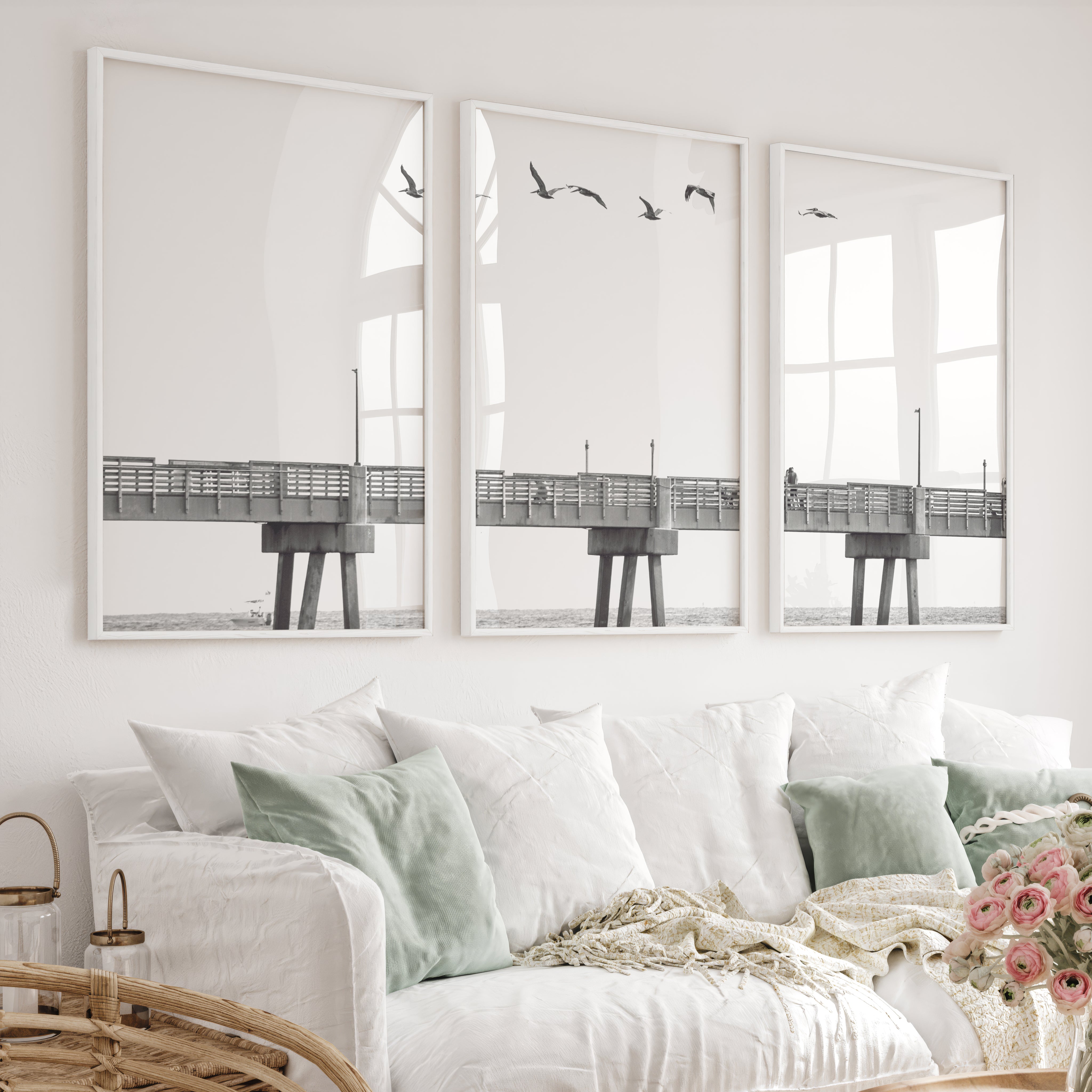 Pier Birds black and white coastal art - White Framed Poster No Border - Artworksets