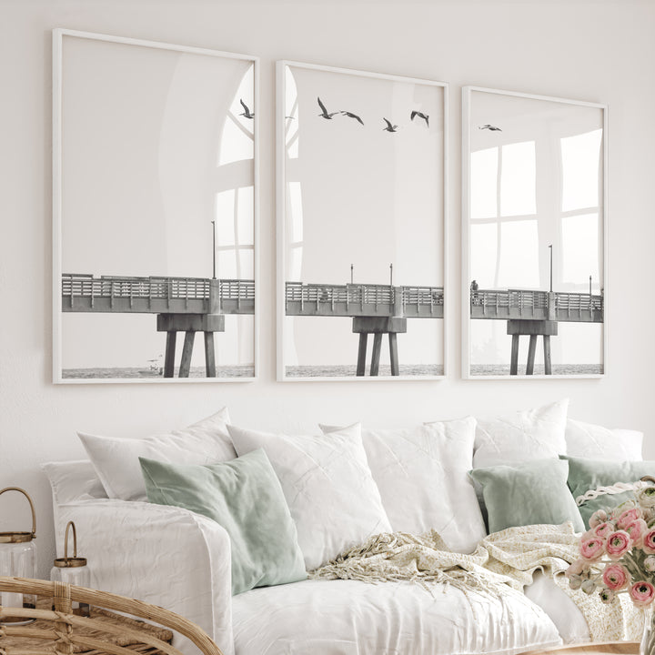 Pier Birds black and white coastal art - White Framed Poster No Border - Artworksets