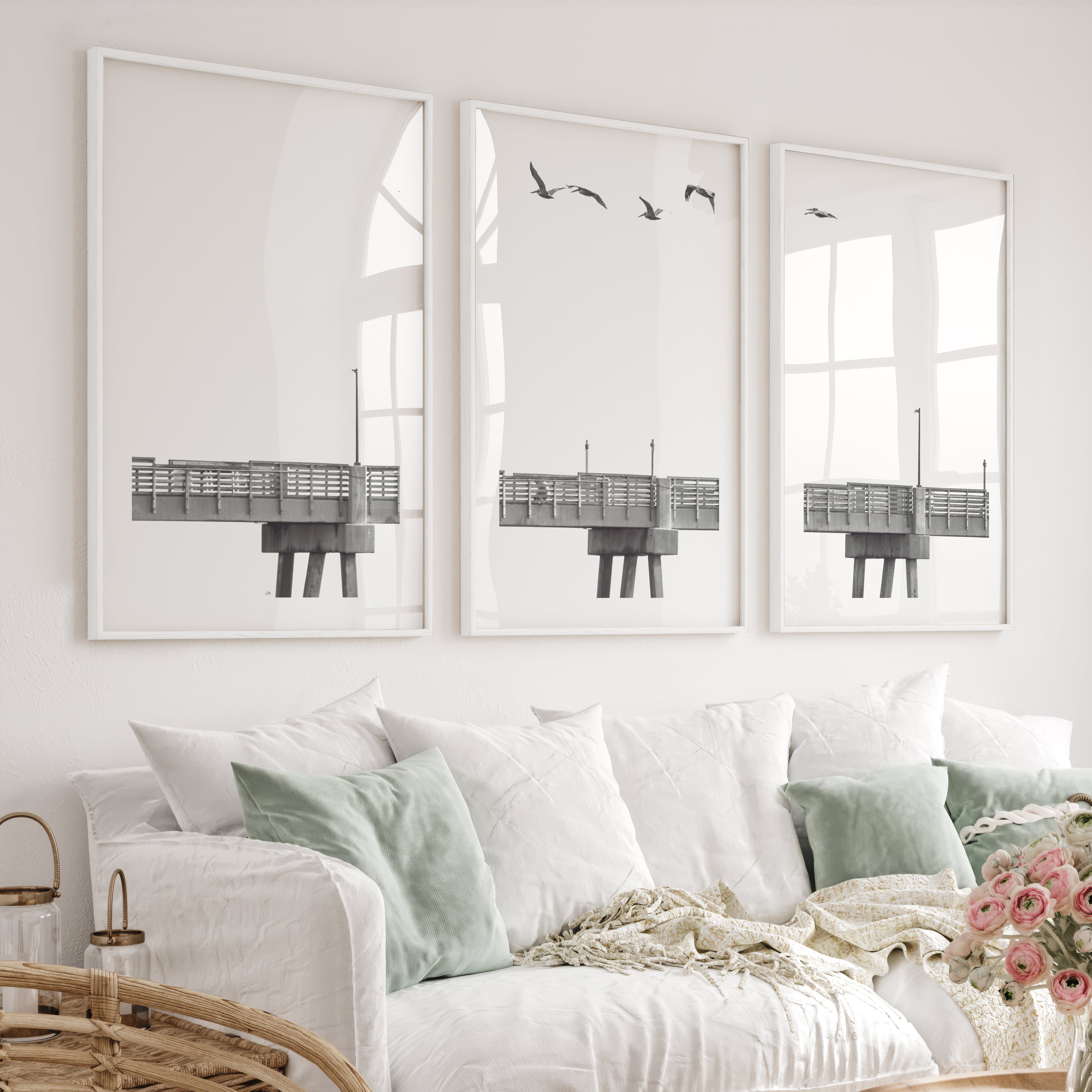 Pier Birds black and white coastal art - White Framed Poster with White Border - Artworksets
