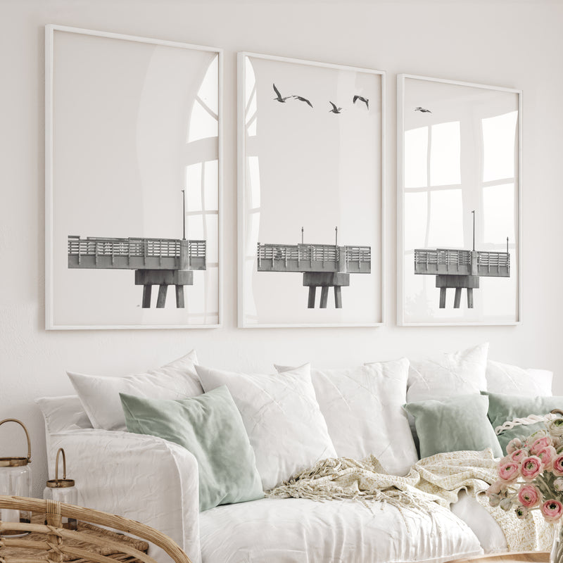 Pier Birds black and white coastal art - White Framed Poster with White Border - Artworksets