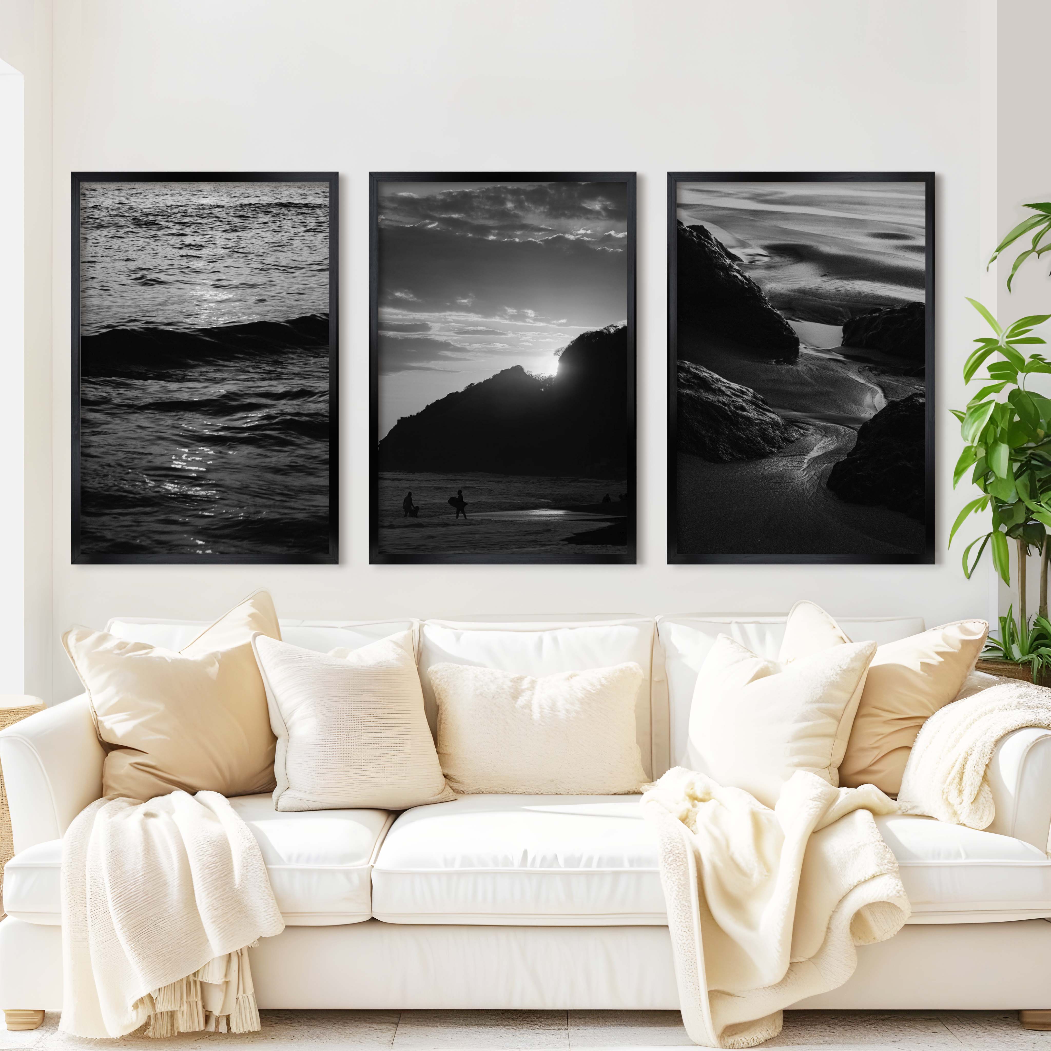 Black and White Coastal Prints – Ocean, Mountain & Rock Textures (Set of 3) - Black Framed Poster No Border - Artworksets