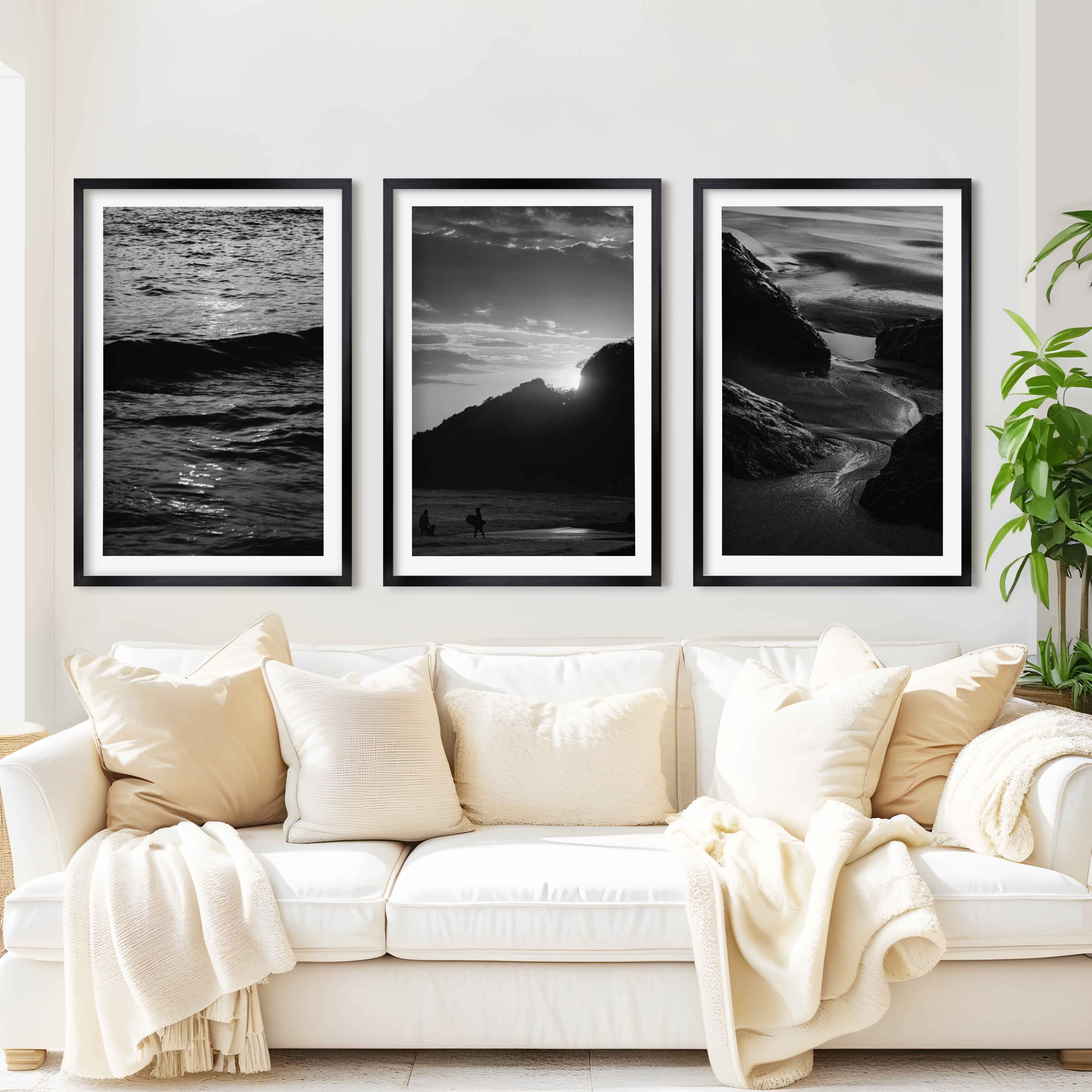Black and White Coastal Prints – Ocean, Mountain & Rock Textures (Set of 3) - Black Framed Poster with White Border - Artworksets