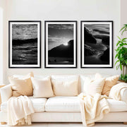 Black and White Coastal Prints – Ocean, Mountain & Rock Textures (Set of 3) - Black Framed Poster with White Border - Artworksets