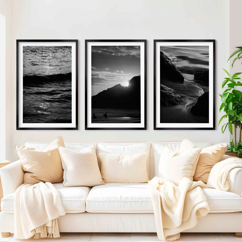 Black and White Coastal Prints – Ocean, Mountain & Rock Textures (Set of 3) - Black Framed Poster with White Border - Artworksets