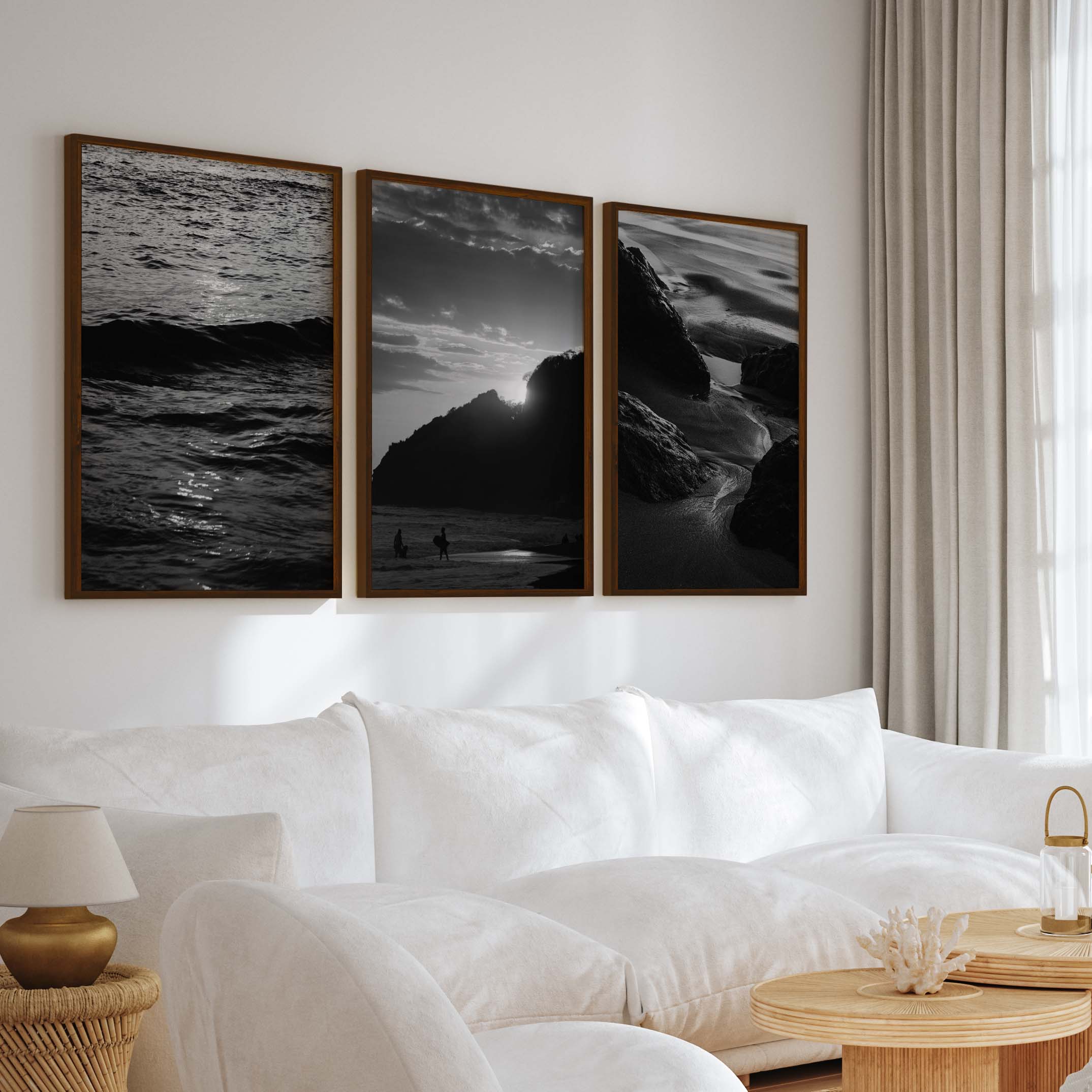 Black and White Coastal Prints – Ocean, Mountain & Rock Textures (Set of 3) - Dark Brown Framed Poster No Border - Artworksets