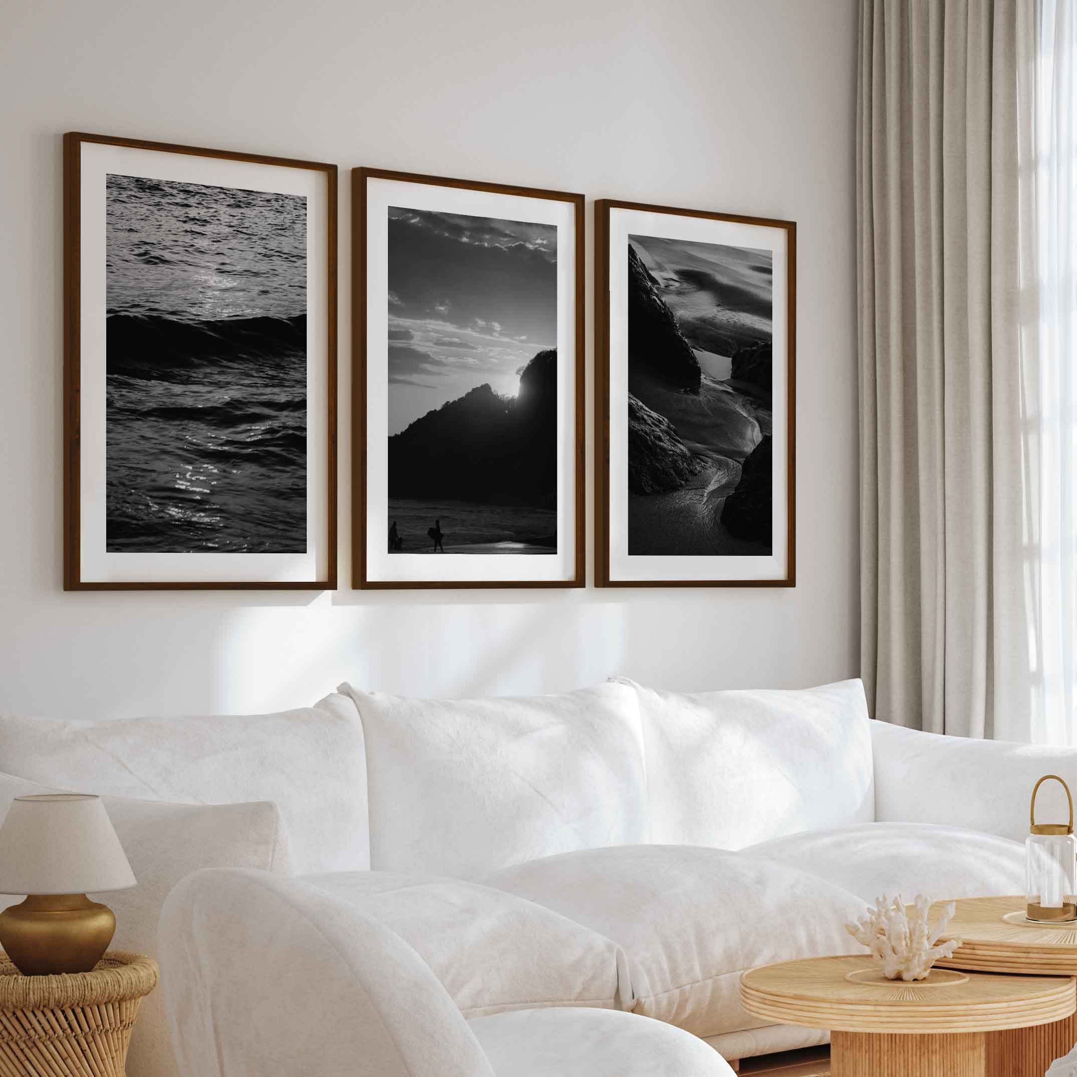 Black and White Coastal Prints – Ocean, Mountain & Rock Textures (Set of 3) - Dark Brown Framed Poster with White Border - Artworksets