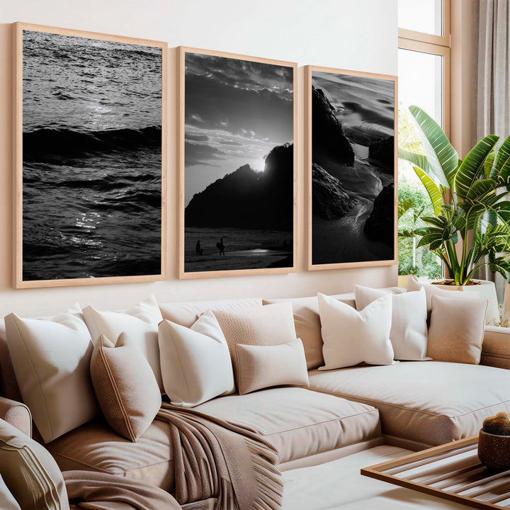 Black and White Coastal Prints – Ocean, Mountain & Rock Textures (Set of 3) - Natural Wood Framed Poster No Border - Artworksets