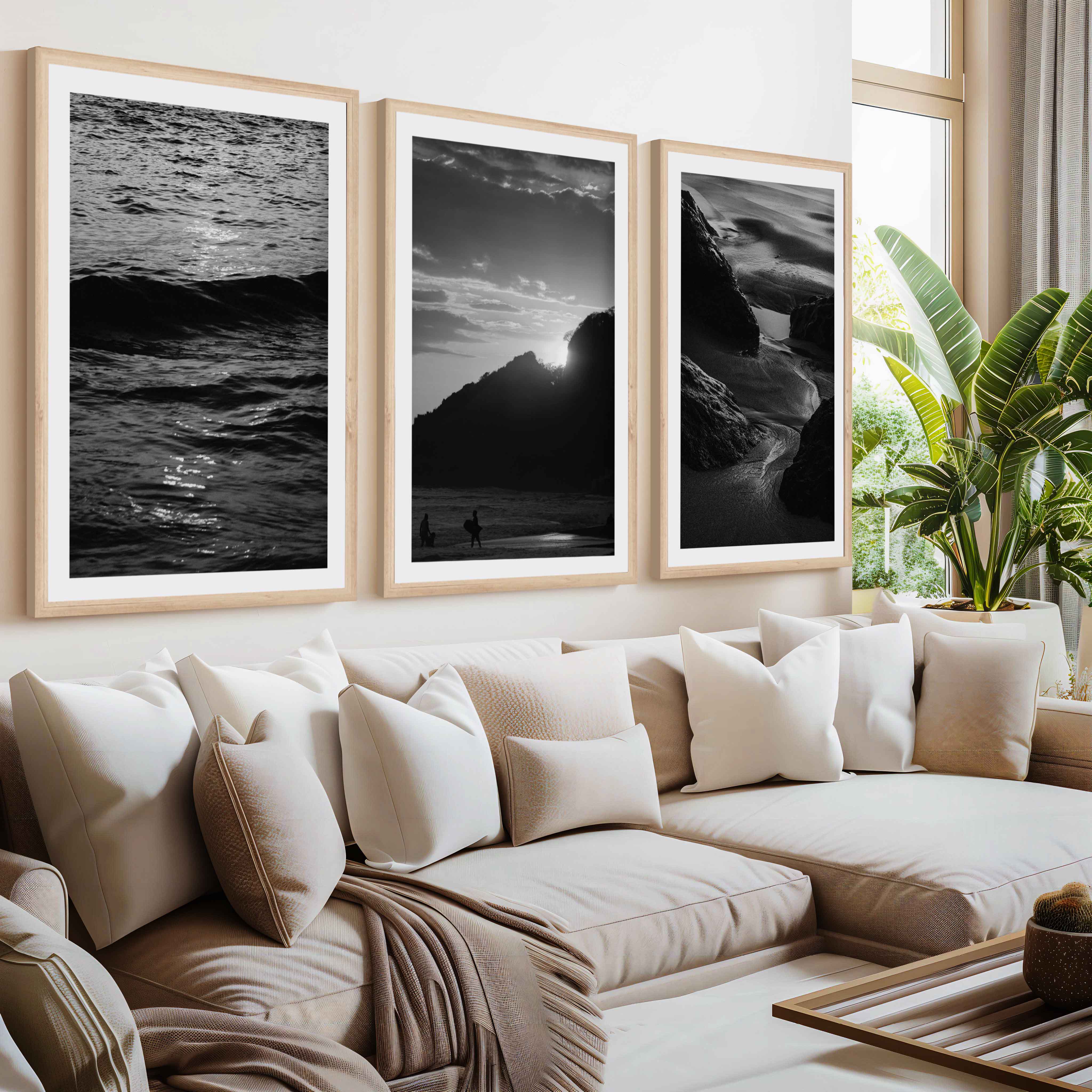 Black and White Coastal Prints – Ocean, Mountain & Rock Textures (Set of 3)- Natural Wood Framed Poster with White Border - Artworksets