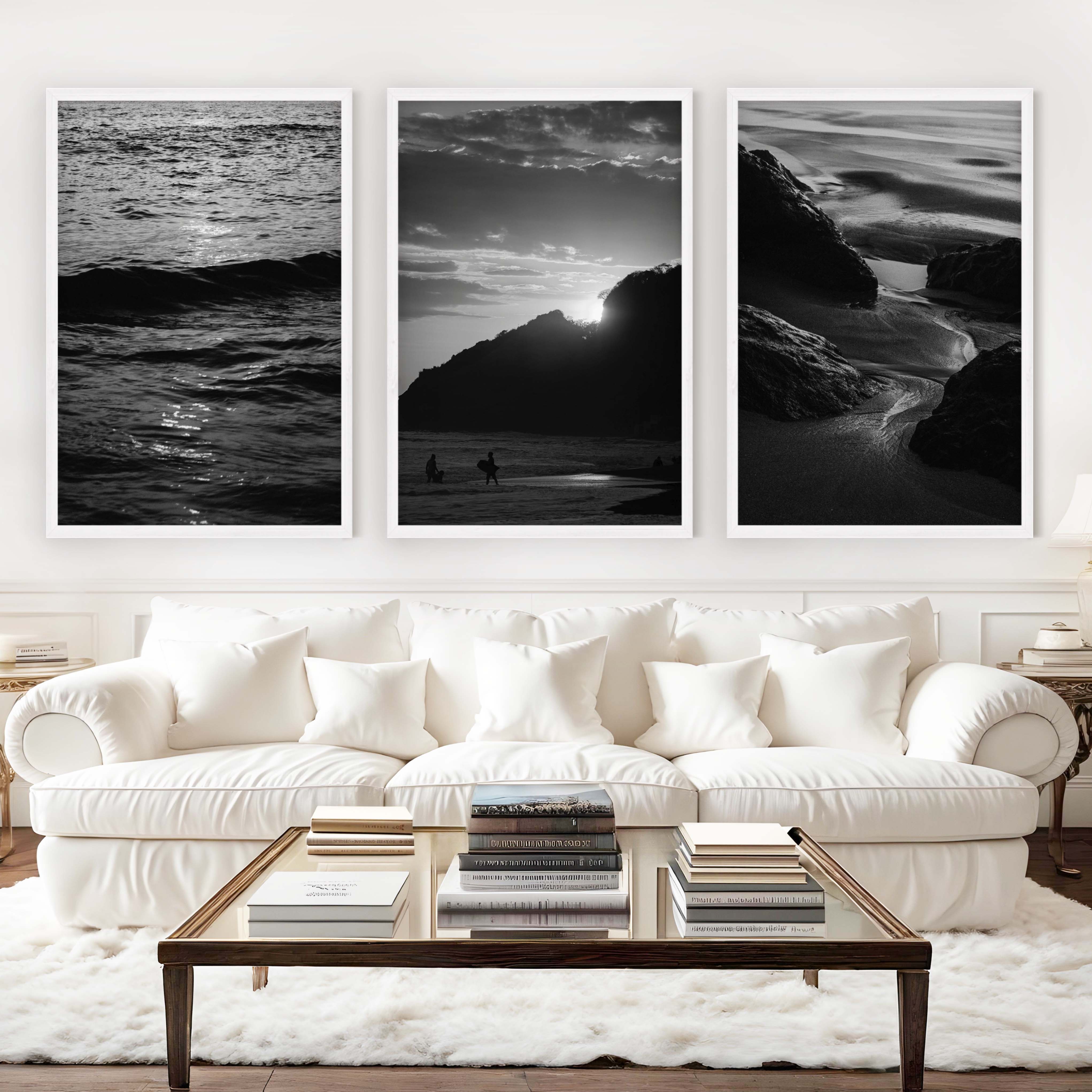 Black and White Coastal Prints – Ocean, Mountain & Rock Textures (Set of 3) - White Framed Poster No Border - Artworksets