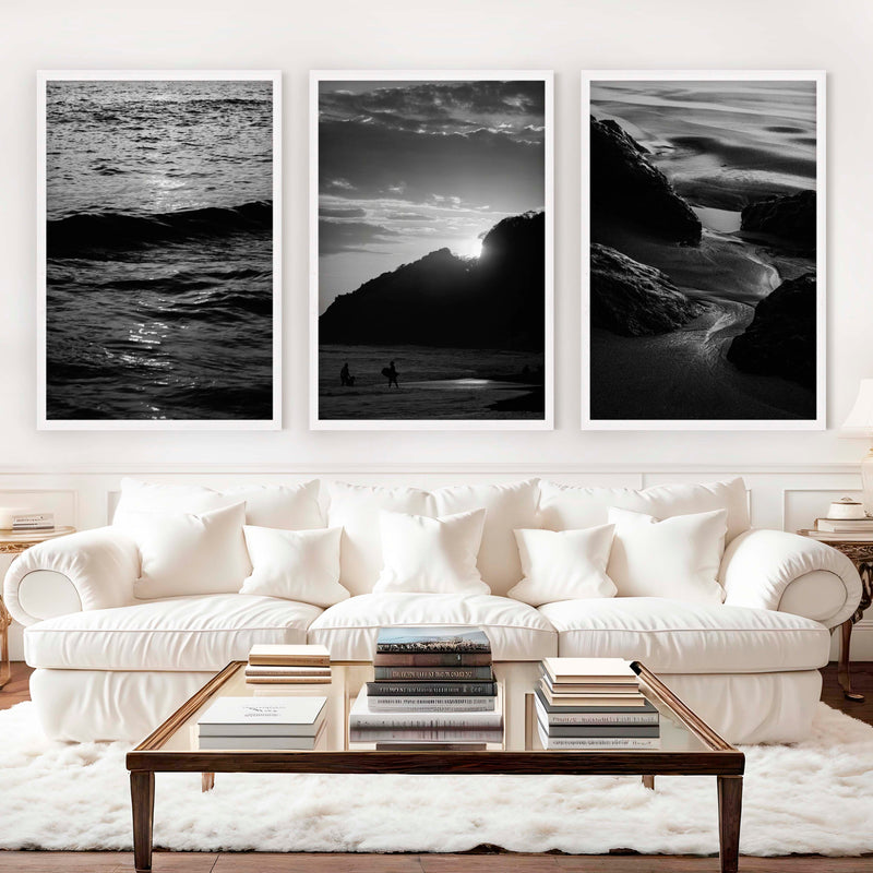 Black and White Coastal Prints – Ocean, Mountain & Rock Textures (Set of 3) - White Framed Poster No Border - Artworksets