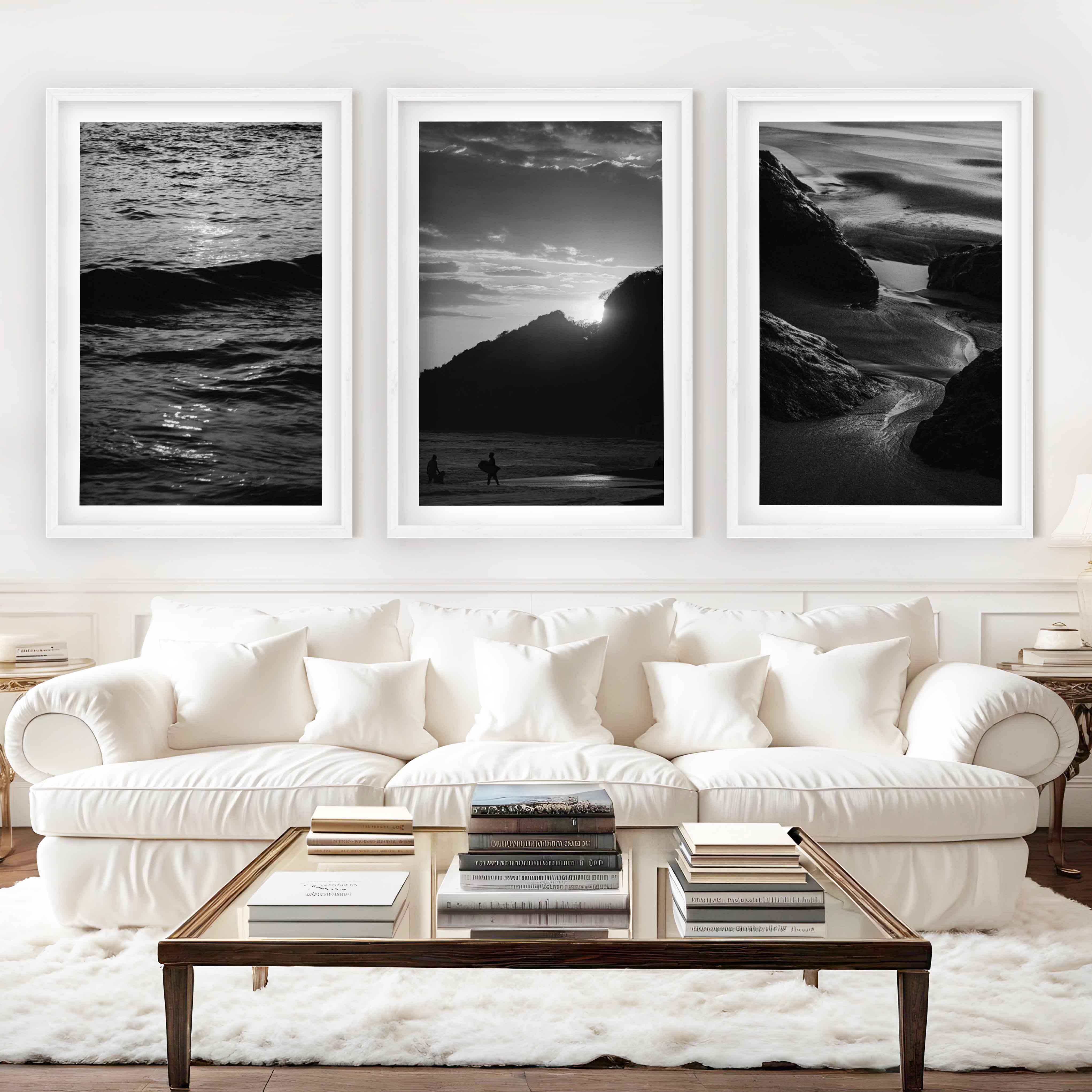Black and White Coastal Prints – Ocean, Mountain & Rock Textures (Set of 3) - White Framed Poster with White Border - Artworksets