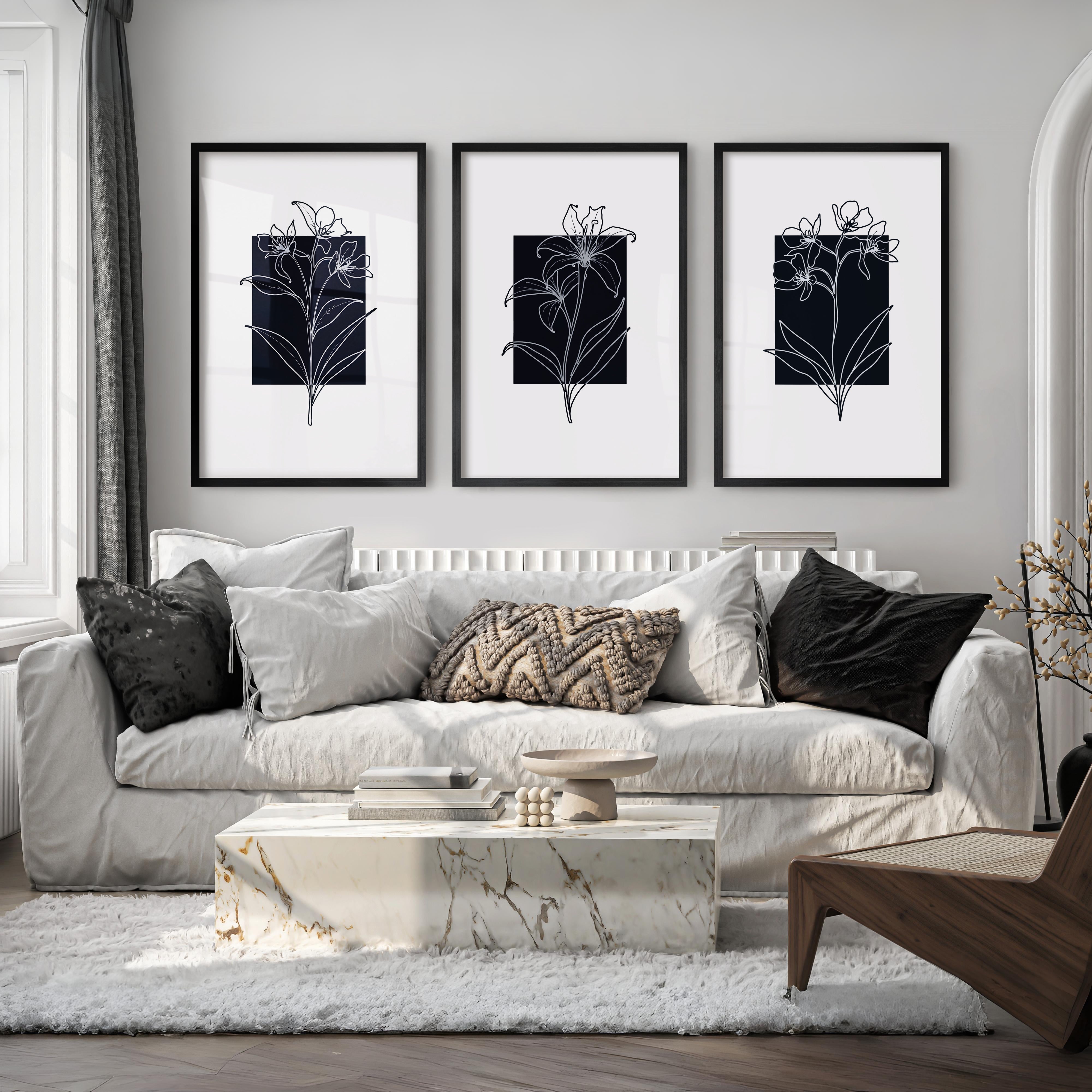 Black and White Floral Prints Minimal Modern Line Art Set of 3 - Black Framed Poster No Border - Artworksets