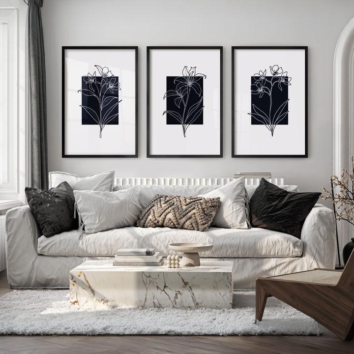 Black and White Floral Prints Minimal Modern Line Art Set of 3 - Black Framed Poster No Border - Artworksets