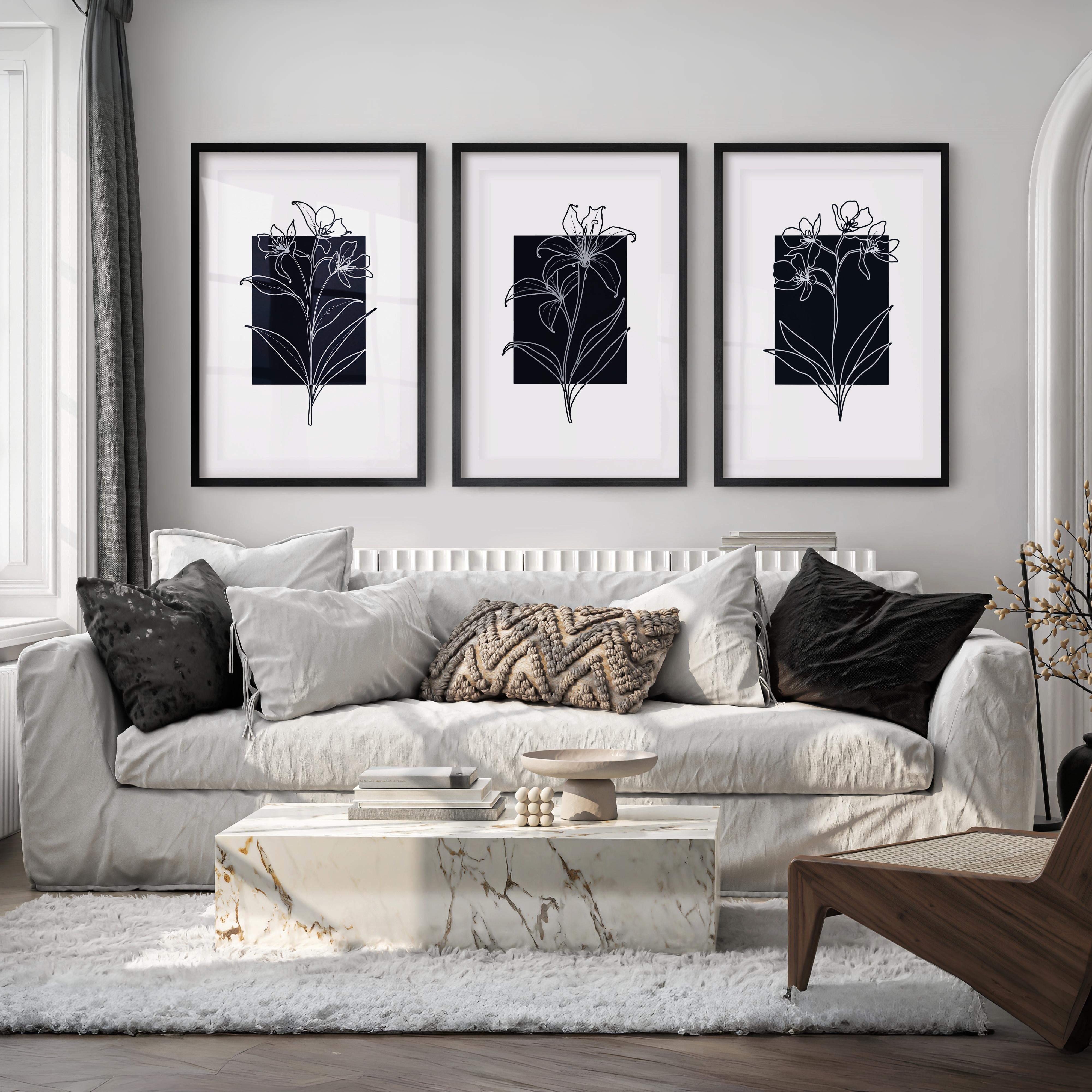 Black and White Floral Prints Minimal Modern Line Art Set of 3 - Black Framed Poster with White Border - Artworksets