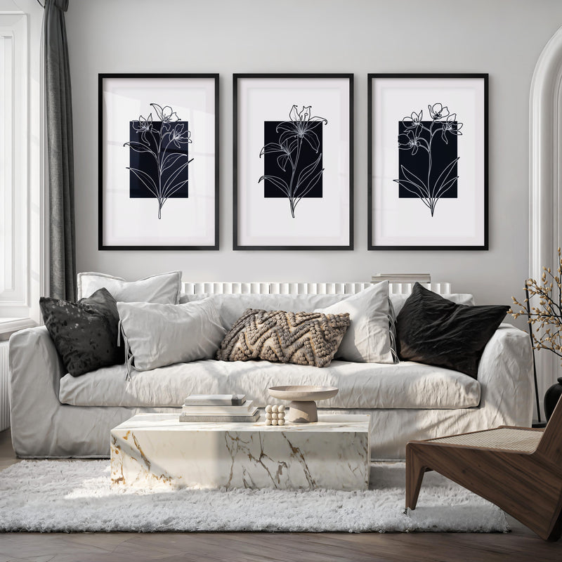 Black and White Floral Prints Minimal Modern Line Art Set of 3 - Black Framed Poster with White Border - Artworksets
