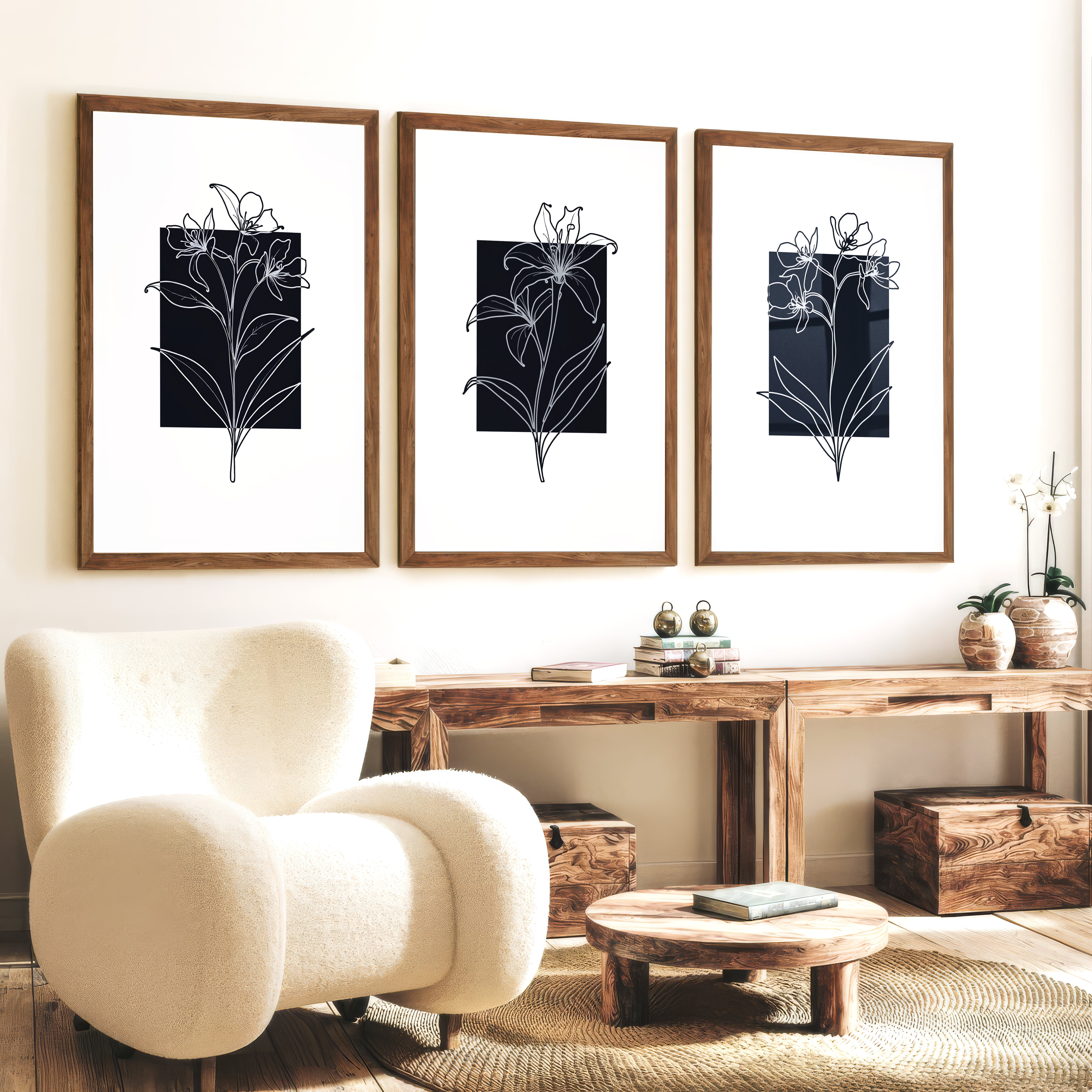 Black and White Floral Prints Minimal Modern Line Art Set of 3 - Dark Brown Framed Poster No Border - Artworksets