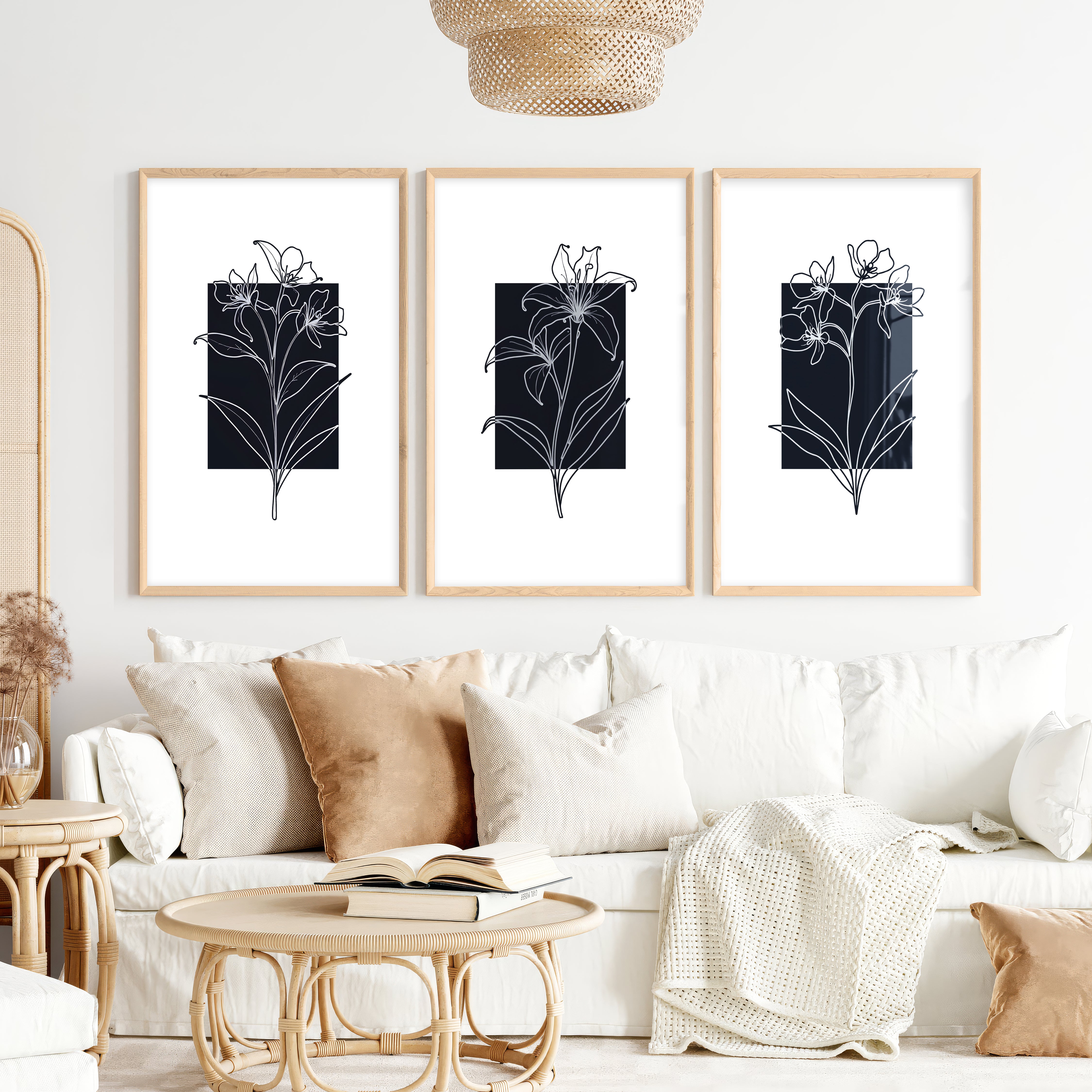 Black and White Floral Prints Minimal Modern Line Art Set of 3 - Natural Wood Framed Poster No Border - Artworksets
