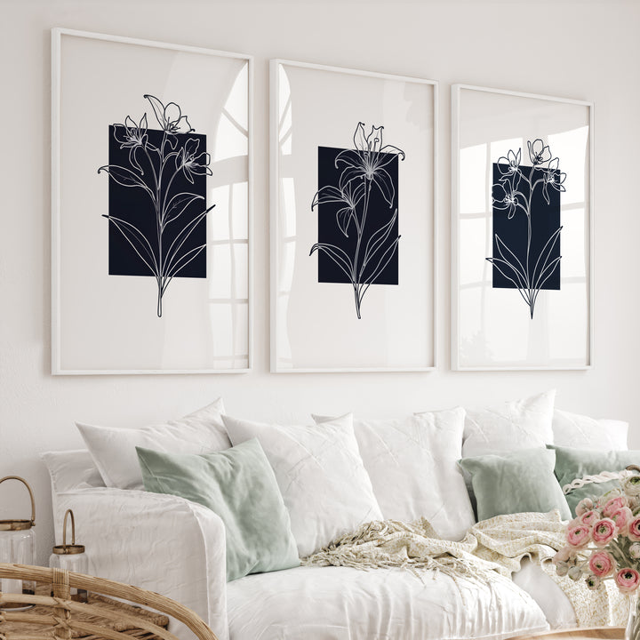 Black and White Floral Prints Minimal Modern Line Art Set of 3 - White Framed Poster No Border - Artworksets