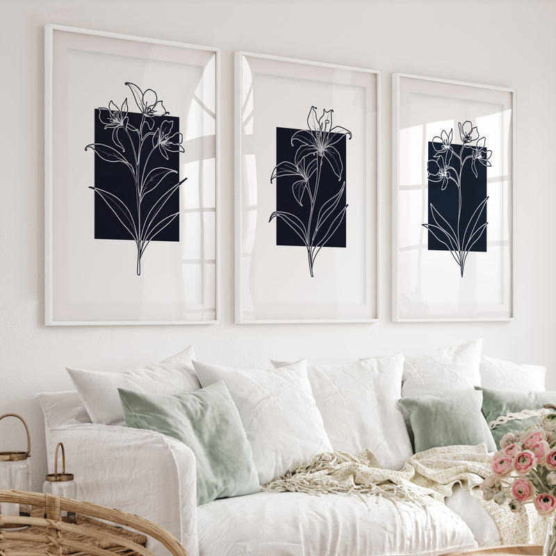 Black and White Floral Prints Minimal Modern Line Art Set of 3 - White Framed Poster with White Border - Artworksets