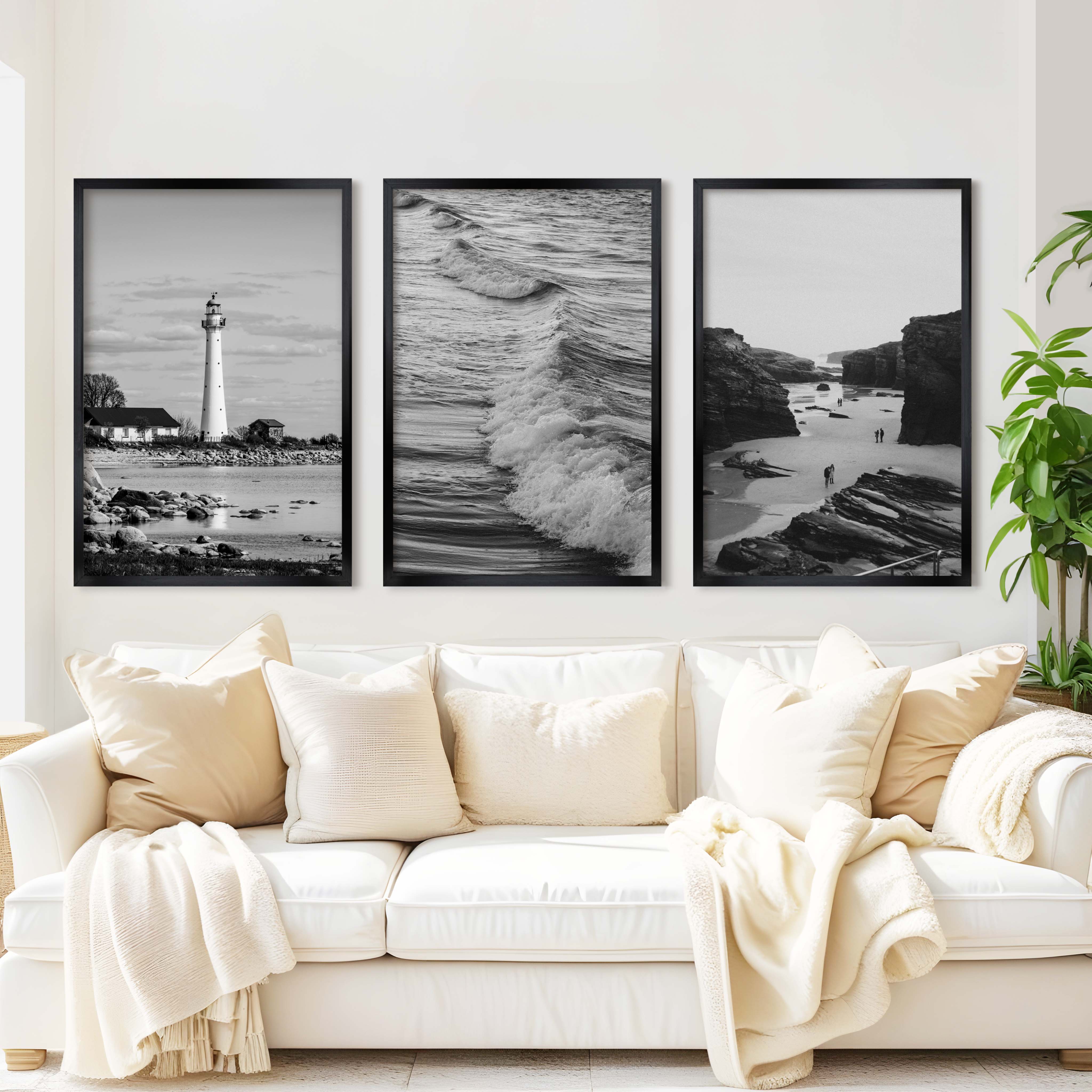 Black & White Beach Wall Decor – Coastal Photography Set (3 Prints) - Black Framed Poster No Border - Artworksets