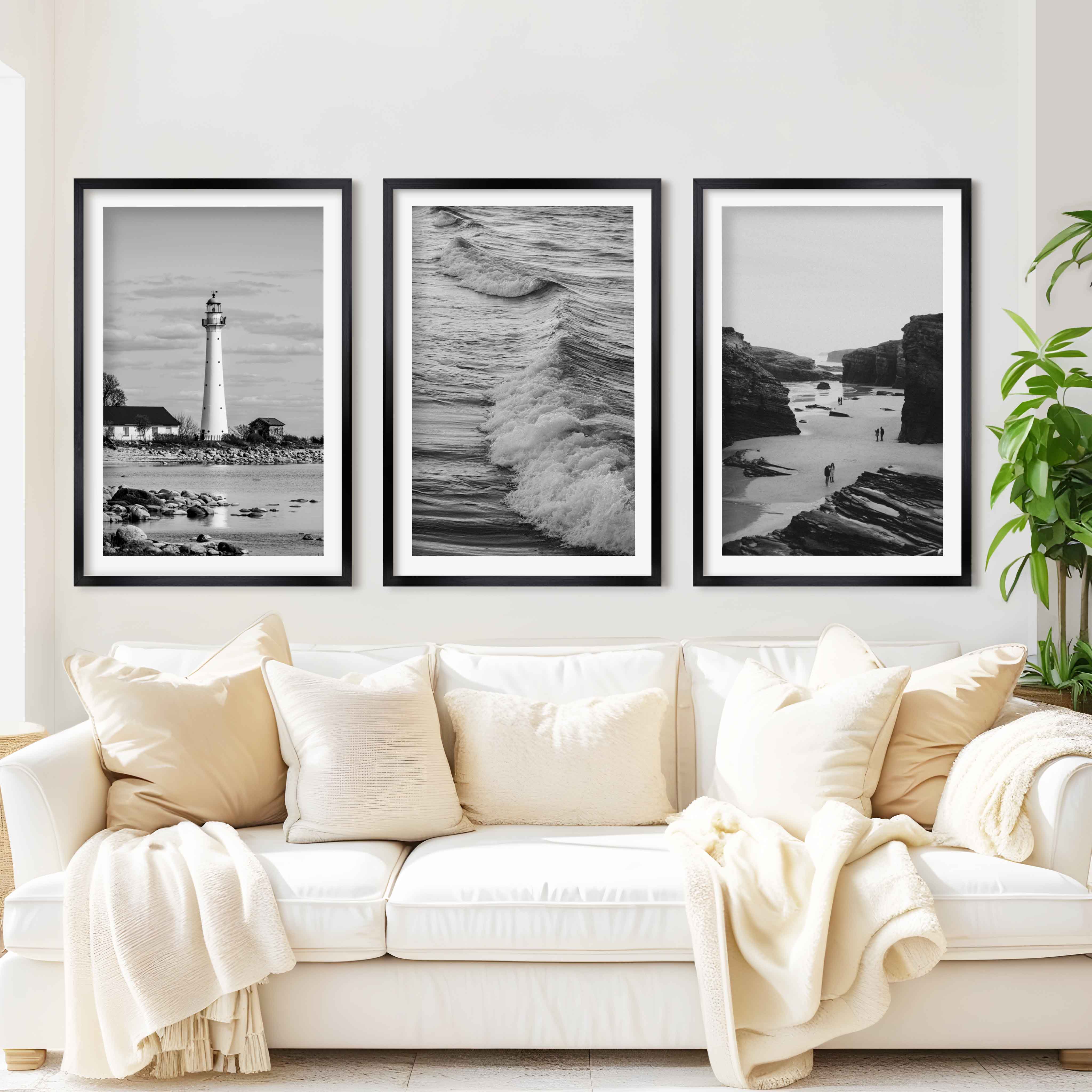 Black & White Beach Wall Decor – Coastal Photography Set (3 Prints) - Black Framed Poster with White Border - Artworksets
