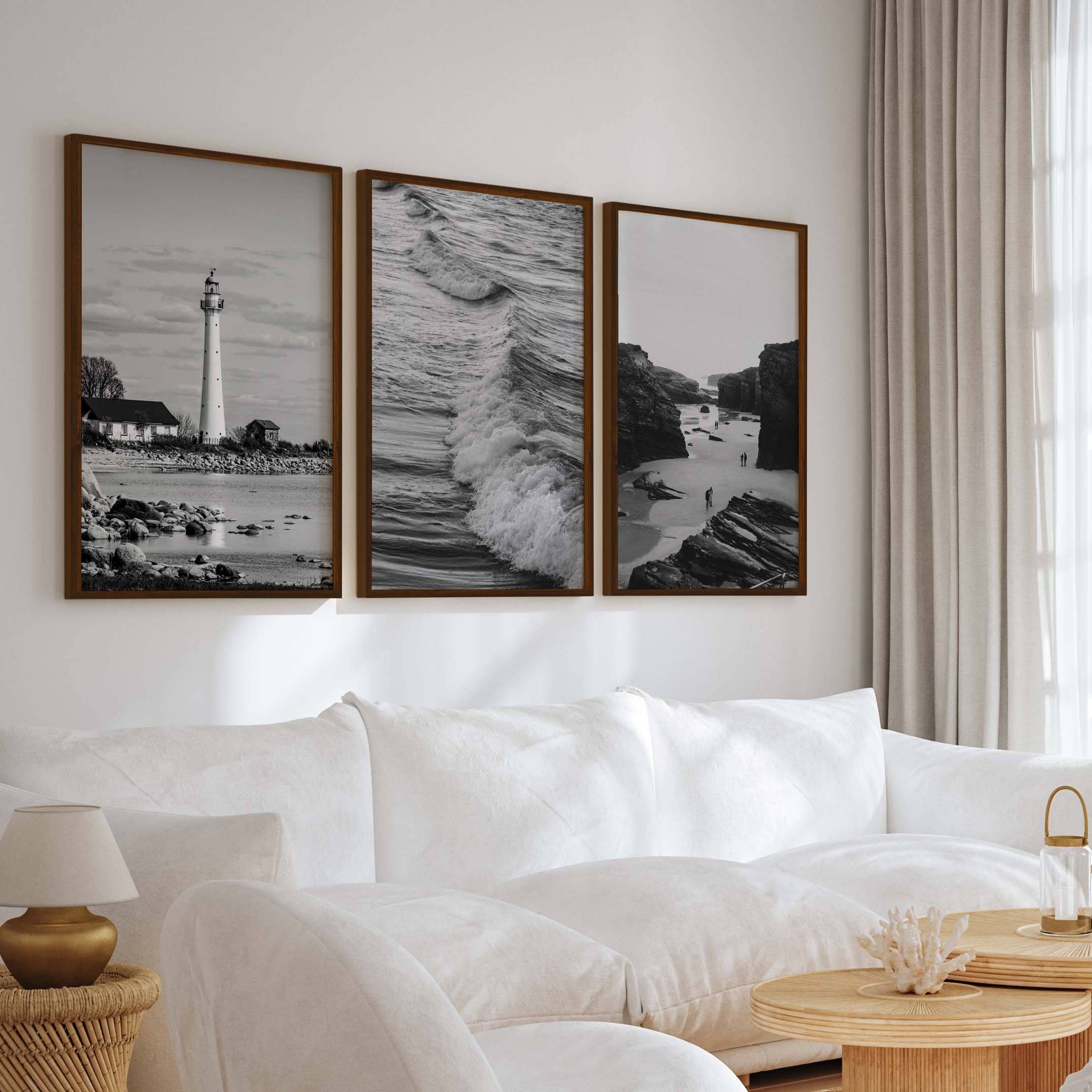 Black & White Beach Wall Decor – Coastal Photography Set (3 Prints) - Dark Brown Framed Poster No Border - Artworksets