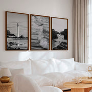 Black & White Beach Wall Decor – Coastal Photography Set (3 Prints) - Dark Brown Framed Poster No Border - Artworksets
