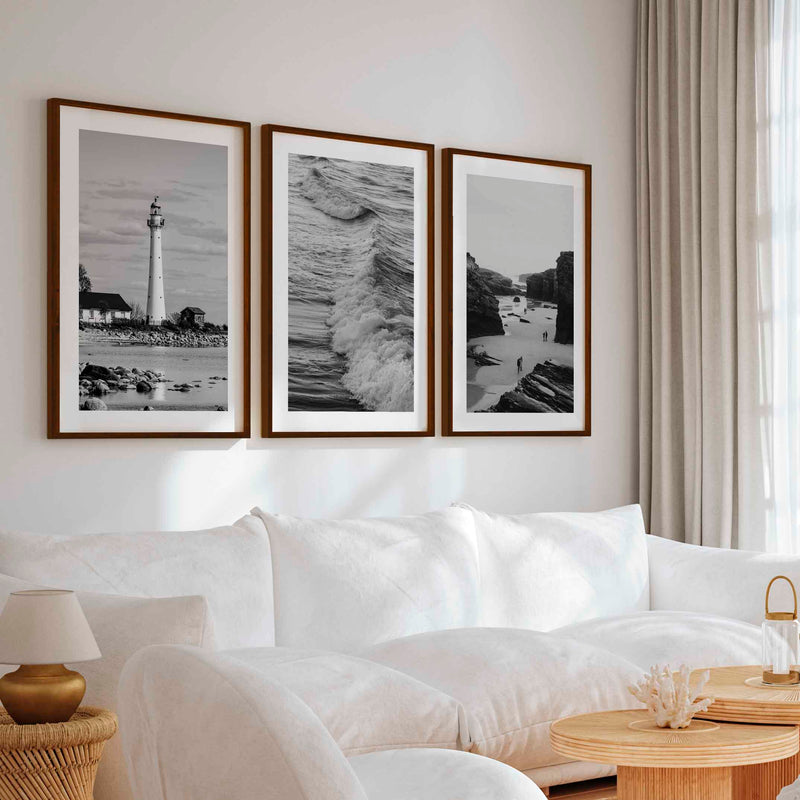 Black & White Beach Wall Decor – Coastal Photography Set (3 Prints) - Dark Brown Framed Poster with White Border - Artworksets