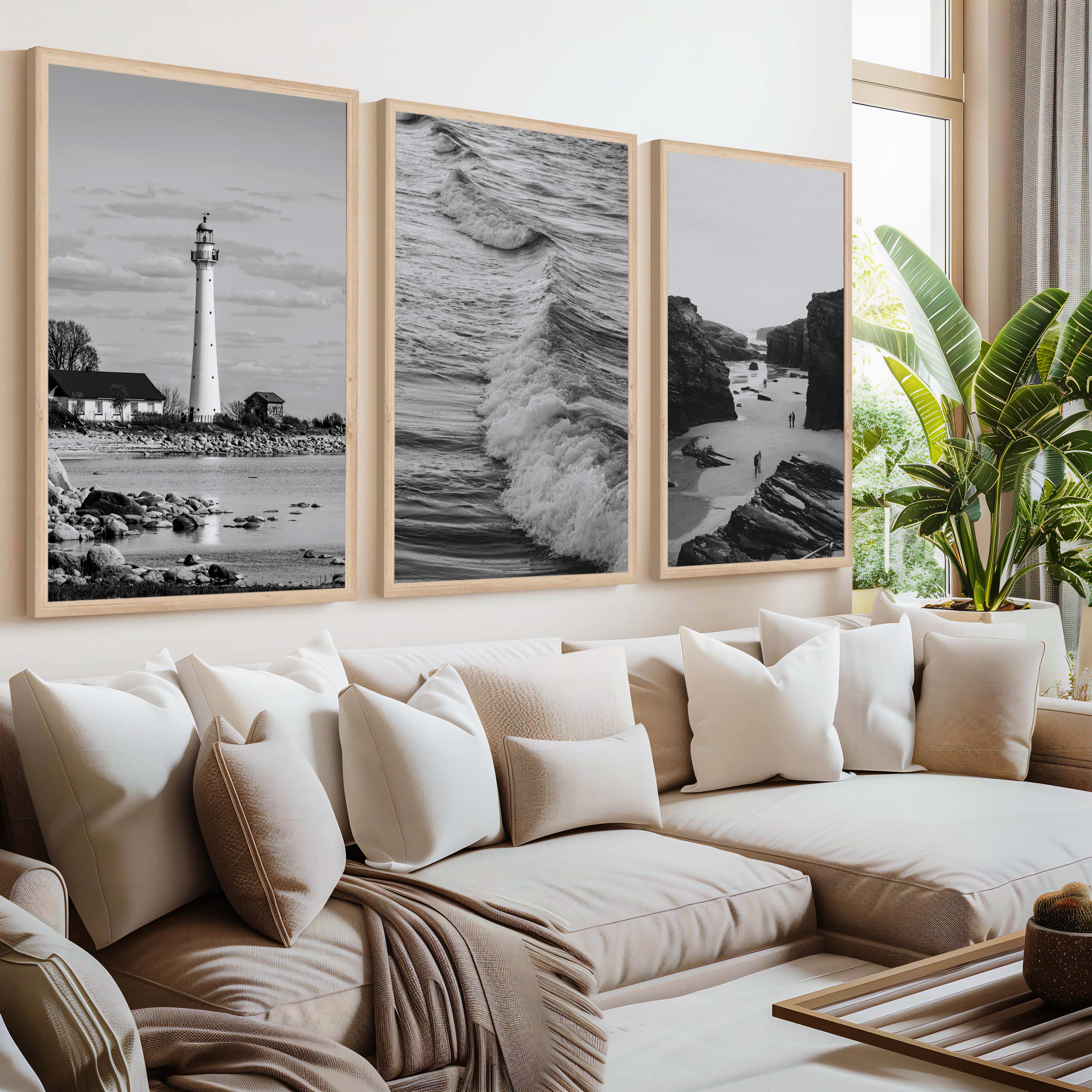 Black & White Beach Wall Decor – Coastal Photography Set (3 Prints) - Natural Wood Framed Poster No Border - Artworksets