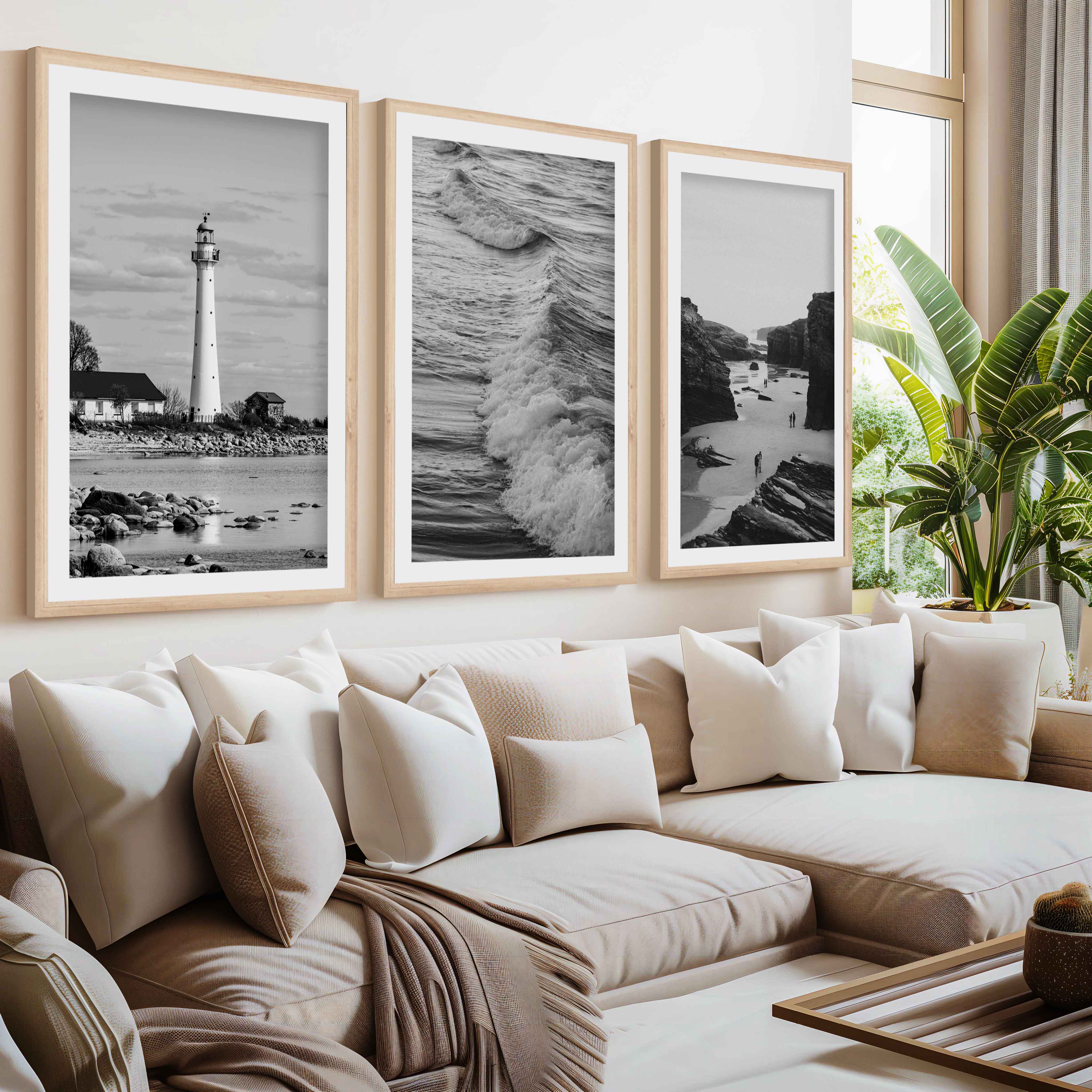 Black & White Beach Wall Decor – Coastal Photography Set (3 Prints)- Natural Wood Framed Poster with White Border - Artworksets