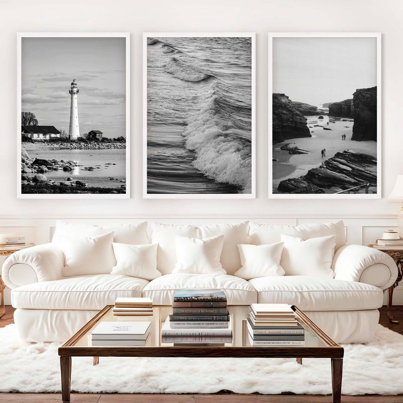 Black & White Beach Wall Decor – Coastal Photography Set (3 Prints) - White Framed Poster No Border - Artworksets