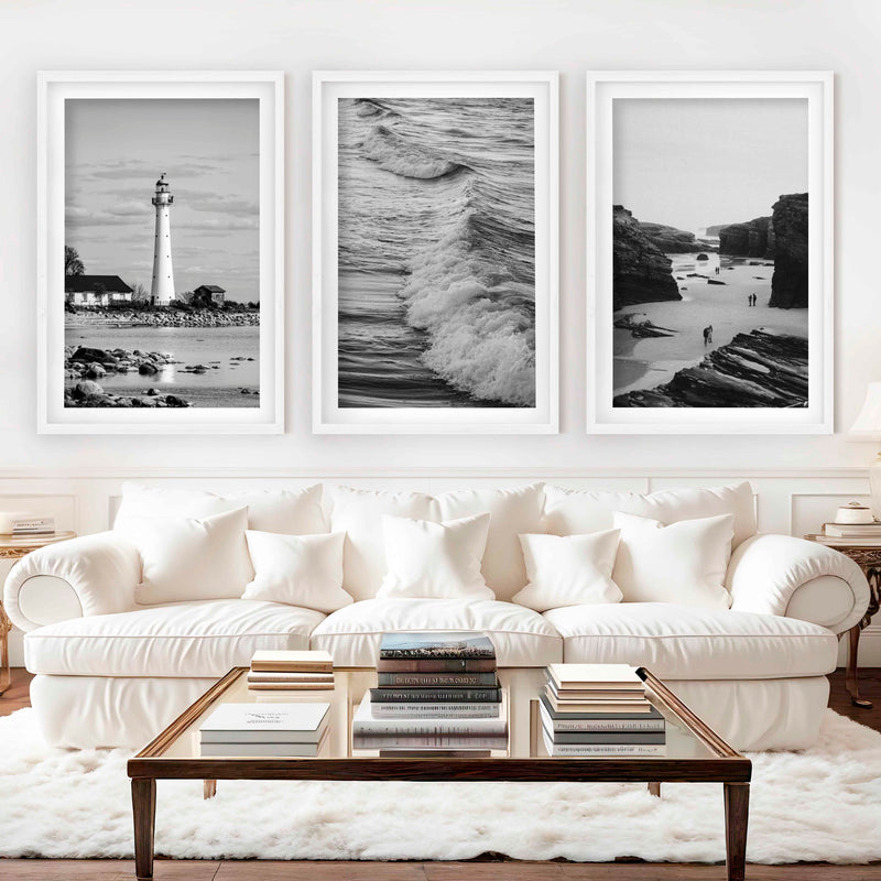 Black & White Beach Wall Decor – Coastal Photography Set (3 Prints) - White Framed Poster with White Border - Artworksets